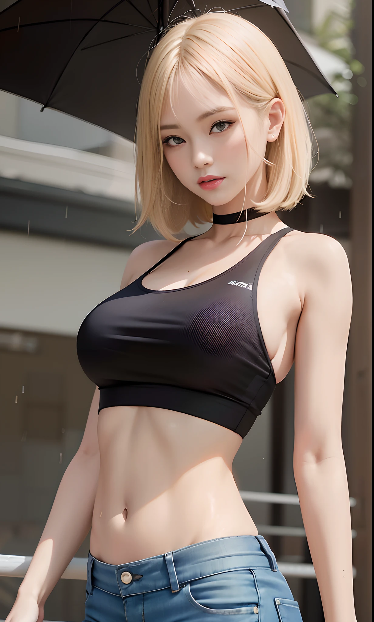 Blonde woman holding umbrella in black top and jeans, photorealistic perfect body, she is wearing a black tank top, Perfect body, sexy body and sexy abdomen, Body movement, tight black tanktop, smooth body features, Smooth body, gorgeous chinese models, seductive anime girls, Sexy hot body, attractive sporty physique, Sexy body and face, Sexy body