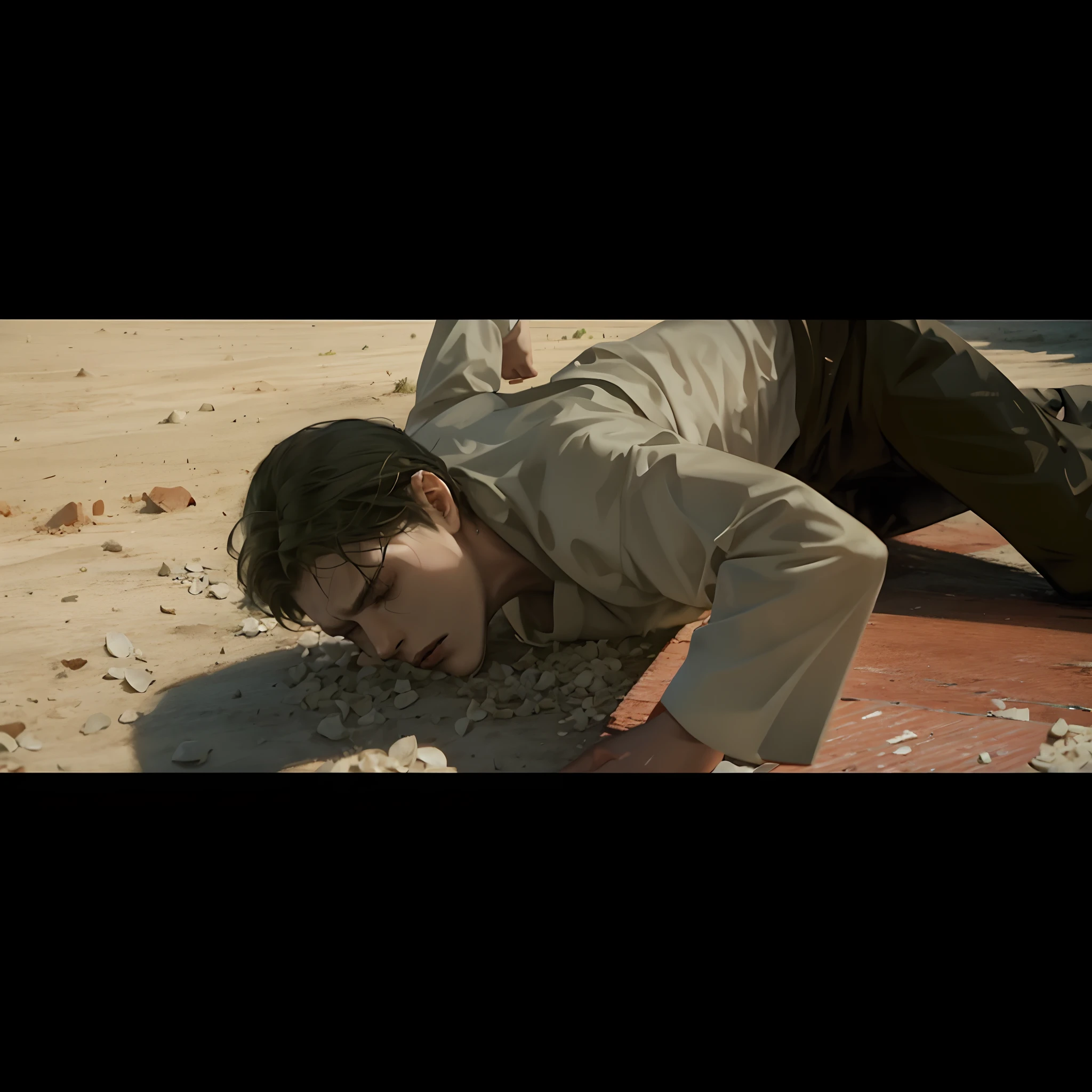 There was a man lying on the ground with his head bowed, still from a music video, still frame from a movie, Still from the movie, cinematic Film still from, screenshots from movies, movie action still frame, still from live action movie, cinematic Film still from, cinematic Film still from, shot from danis villeneuve movie, shot from cinematic
