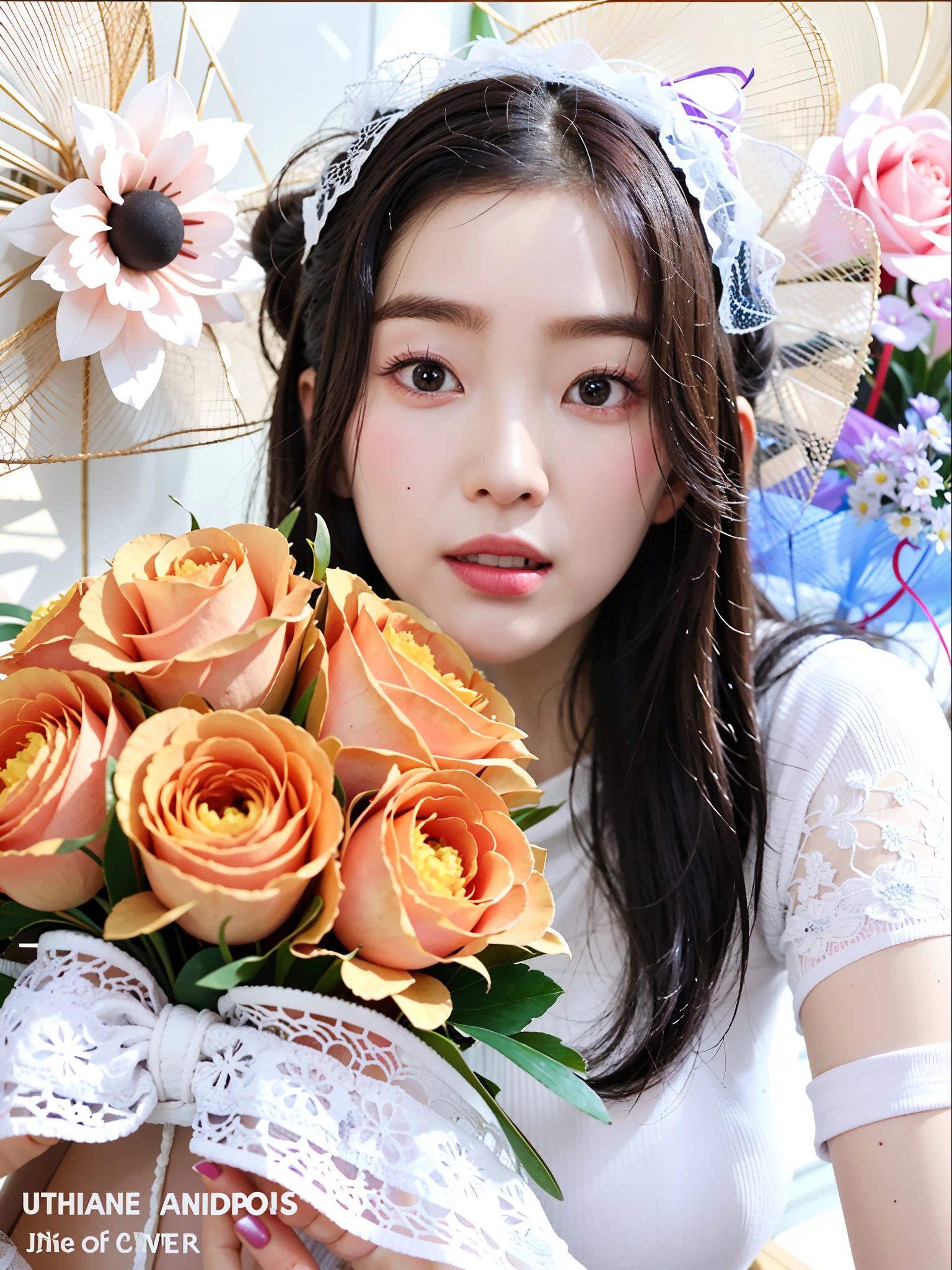 There was a woman in front of the wall holding a bouquet of flowers,With flowers,Choi Hyun-hwa,Shin Jinying,inspirado por Kim Jeong-hui,sakimichan,jaeyeon nam,gongbi,with frozen flowers around her,ulzzangs,beautiful Korean women,Korean girls,Huang Shi - above,lee ji eun