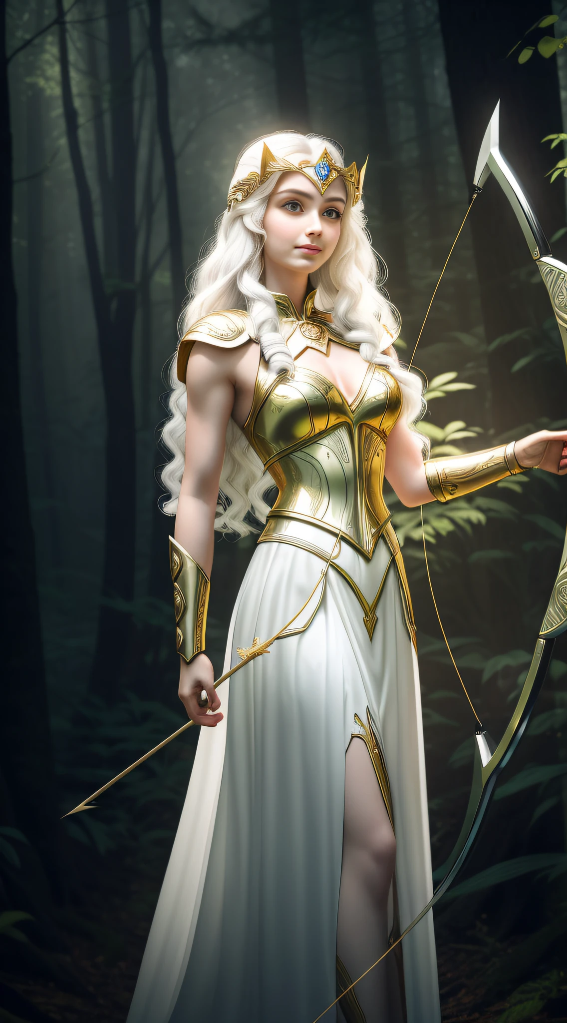 arafed woman in white dress holding a bow and arrow in a forest, also known as artemis or selene, Greek goddess Athena, also known as artemis the selene, amouranth, the goddess artemis smirking, golden goddess athena, venus godness athena, gorgeous goddess of leo, amouranth as a super villain, portrait of celtic goddess diana