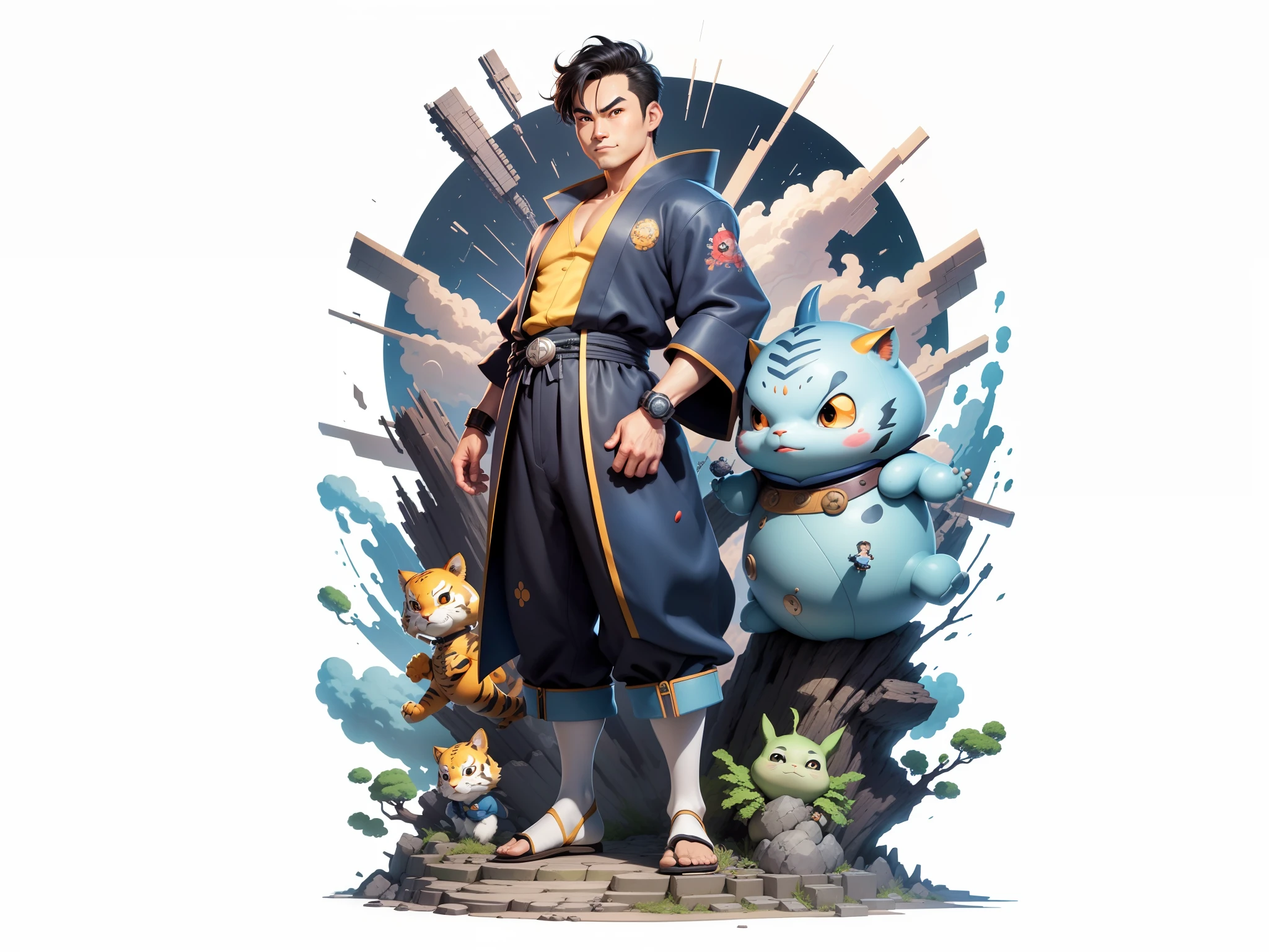 (Masterpiece), (Excellent), (Super Meticulous), (Full Body: 1.2), Super Young Man, Oriental Face, Japanese Kimono, Japanese Wind Thunder God, Dragon, Tiger, TV Anchor, Bust Portrait Illustration, Alone, Black Suit, Blue Tie, Slightly Chubby Face, Very Clean Face, No Beard, Black Super Short Hair, Black Eyes, Confident Smile, 3c Computer Sub-Products, iPad, iPhone, Digital Painting, 3D Character Design by Akira Toriyama and Mark Claireden and Pixar and Hayao Miyazaki, The illustration is a high-definition illustration in 4K resolution with very detailed facial features and cartoon-style visuals.