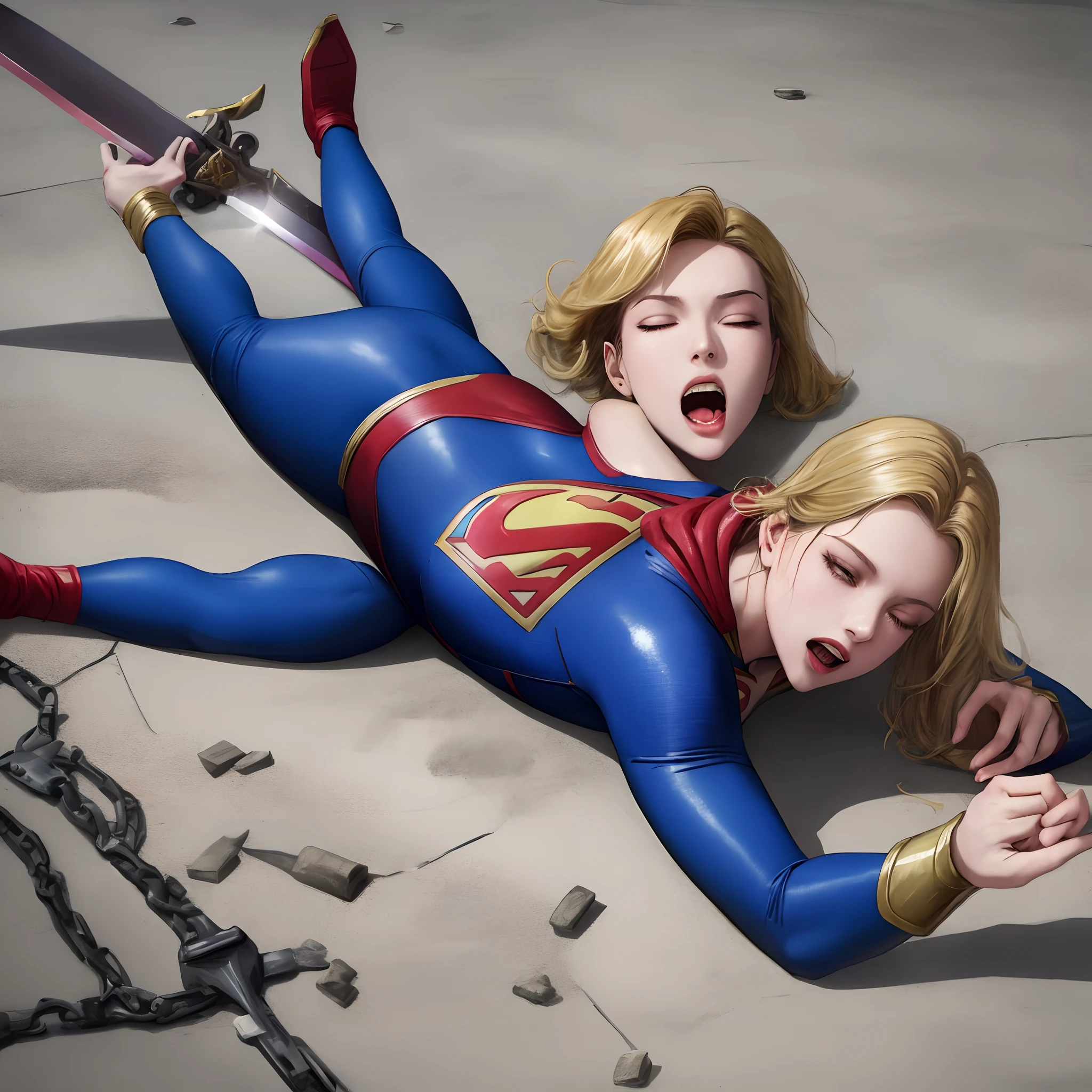 Supergirl lying on the ground,Loss of combat effectiveness,Being stabbed into the body by a sword,Eyes blank,Foaming at the mouth,Broken clothes