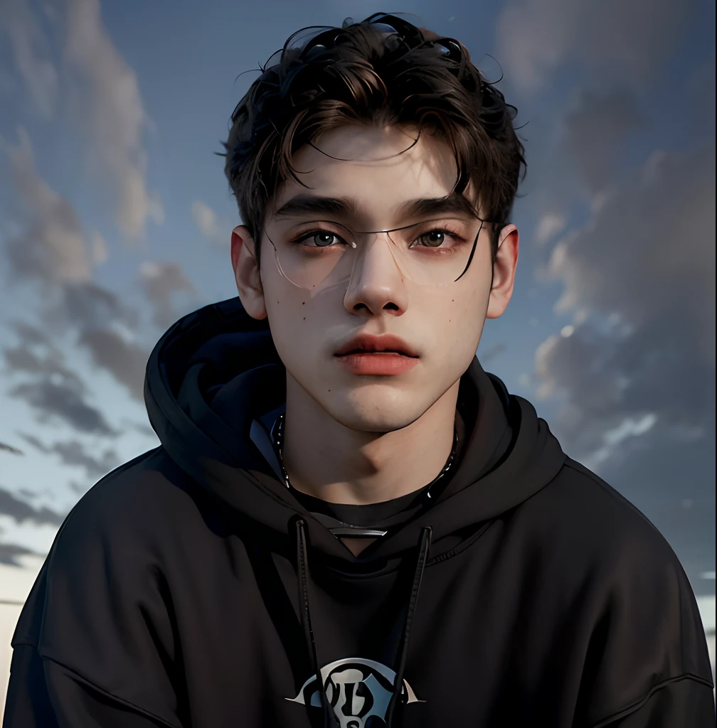 (masterpiece:1.2), (best quality:1.2), hyper realistic,highestres,absurdres,extremely detailed,volumetic,dramatic lighting,(frontal view),
20 year old boy,face,detailed eyes, black hoodie, black t-shirt, with background ((sky))