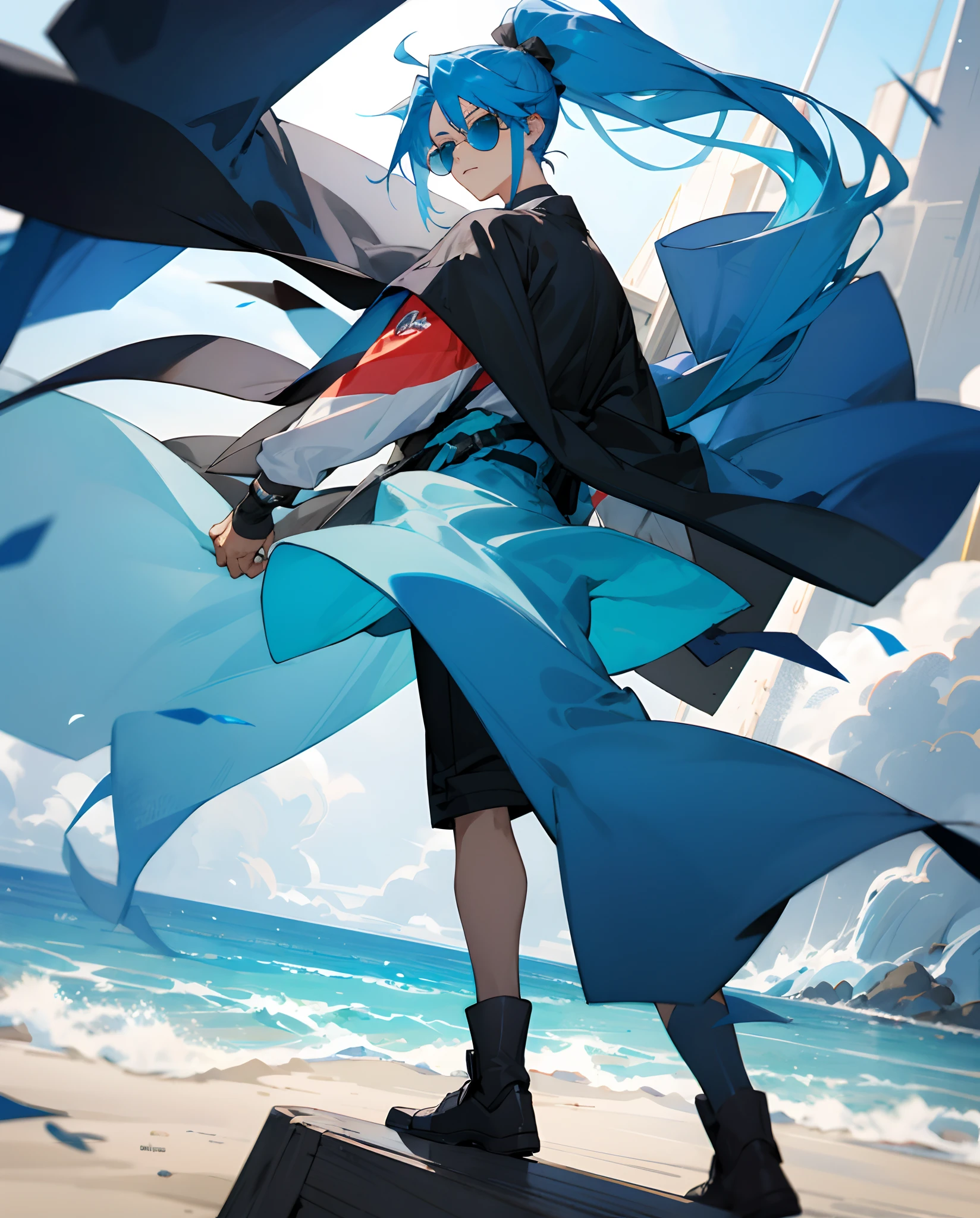 Anime characters，Long blue hair and high ponytail boy，Boy with sunglasses，Azure eyes，Two-dimensional wind