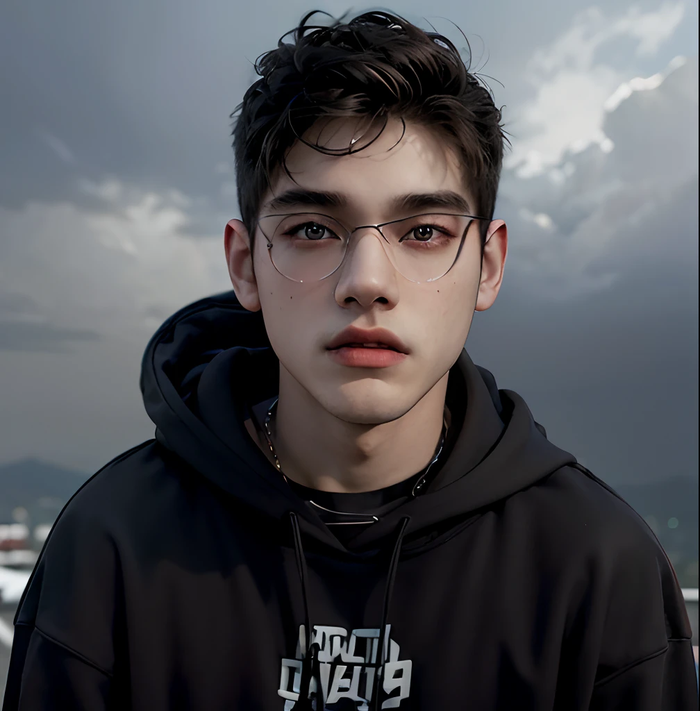 (masterpiece:1.2), (best quality:1.2), hyper realistic,highestres,absurdres,extremely detailed,volumetic,dramatic lighting,(frontal view),
20 year old boy,face,detailed eyes, black hoodie, black t-shirt, with background ((sky))