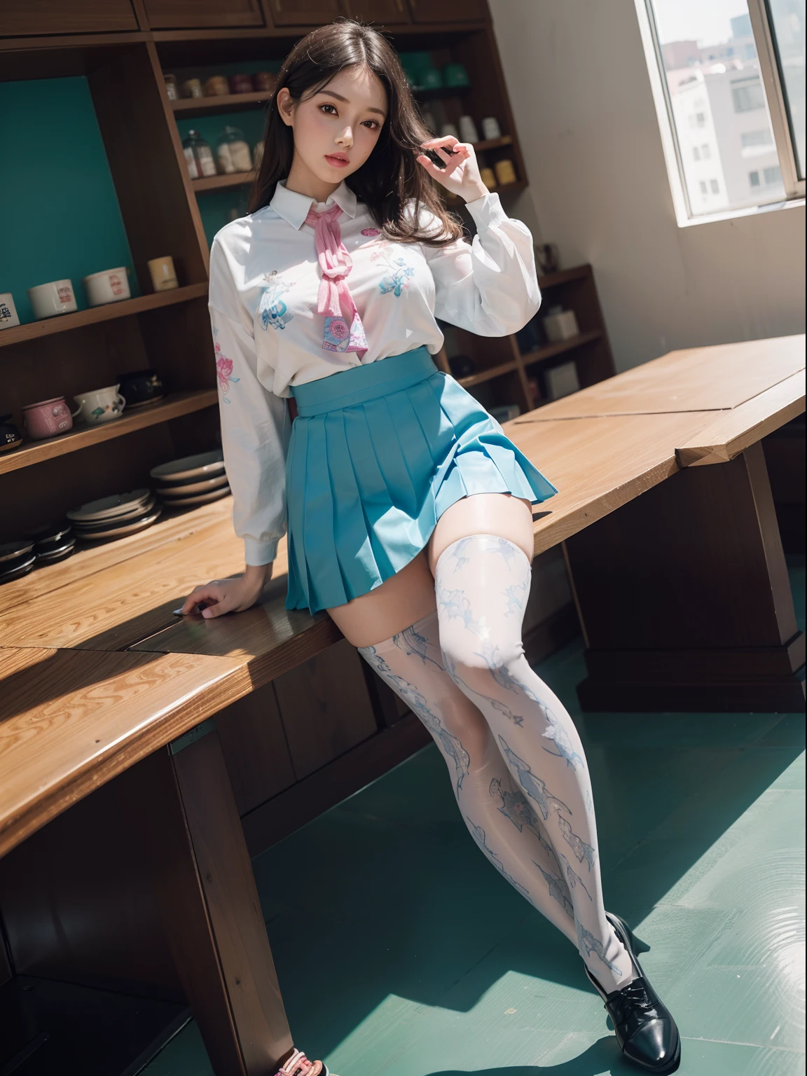 stand in the classroom, hairstyle in movement, woman in light purple student uniform, very short skirt, light purple dress, (very big breasts, big thighs, full breasts ), Realistic leather texture, small waist, (lovely delicate face), (girl cute fine face), gwise, portrait cute fine face, trend on CGSTATION, Yang Juncheng, (beautiful delicate face, beautiful portrait picture, beautiful asian girl, Yang Junchen, Yang J, Sakimi-chan), portrait of a girl, smiling eyes, Lift up your own skirt, skirtlift, white panties, Tight-fitting short-sleeved shirt, no bra, braless, big nipples, Gorgeous cleavage, (Gentle), dynamic style, (full body shot), wearing elegant purple student shoes, (very detailed face), sexy, camel toe, (white school shoes), (shy face), (very highly detailed face)