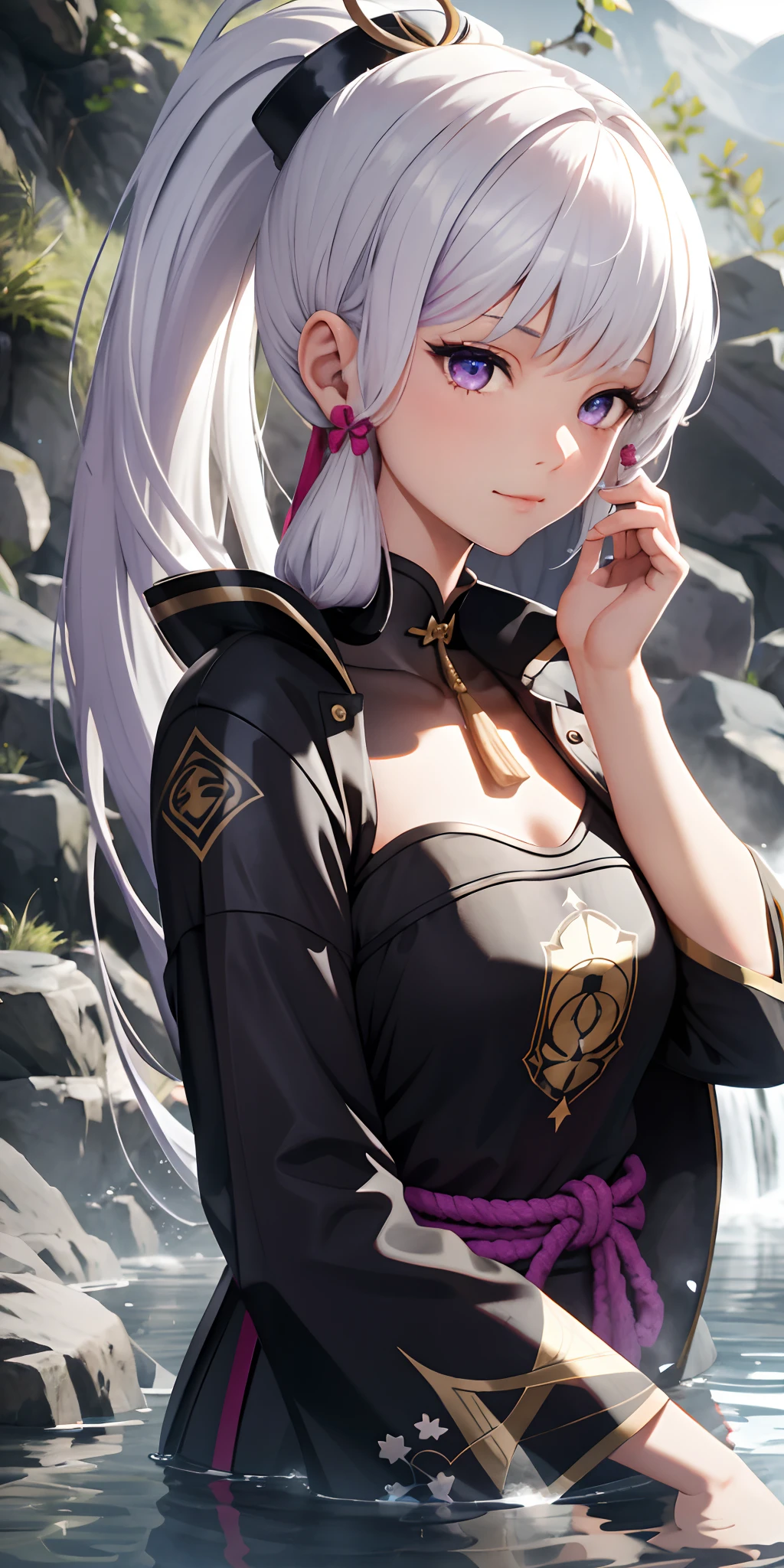 1girl, white hair, purple eyes, portrait, realistic, towel, (onsen), sidelighting, wallpaper, nsfw,Black clothes