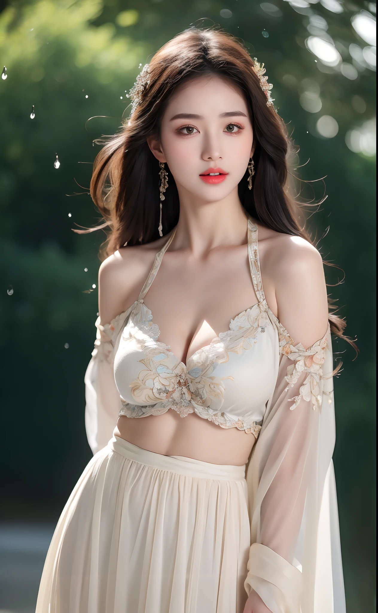 ((Best Quality, 8k, Masterpiece: 1.3)), Focus: 1.2, Perfect Body Beauty: 1.4, Buttocks: 1.2, ((Layered Haircut)), (Wet Clothes: 1.1), (Rain, Street:1.3), (Breasts: 1.2), (Hanfu: 1.2), Bare Shoulders, Bare Legs, Highly Detailed Face and Skin Texture, Fine Eyes, Double Eyelids, Whitened Skin, Long Hair, (Shut Up: 1.5), (Bokeh Background: 1.5), Big Breasts