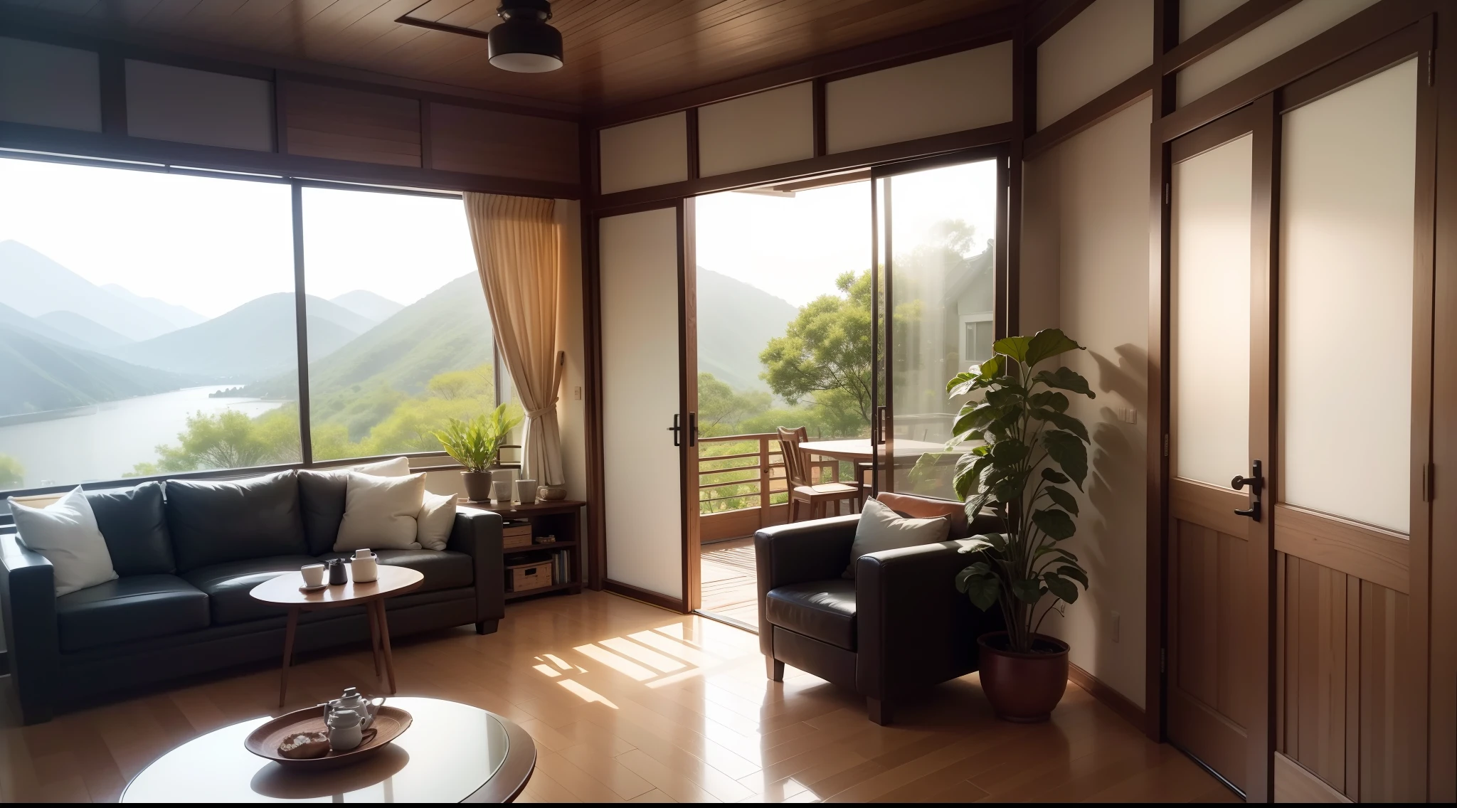 interior design、Insanely detailed wide-angle architectural photo、Cozy contemporary living room、(Bright and warm sunlight 1:0.1)、Award-winning contemporary interior design、landscapes、The table、a chair、in a house、Wooden flooring、window、resturant、east asian east asian architecture、sliding paper doors、abajour、architectural、the woods、naturey、cups、a plant、interior design、Insert lighting and shadows、depth of fields、low illuminance