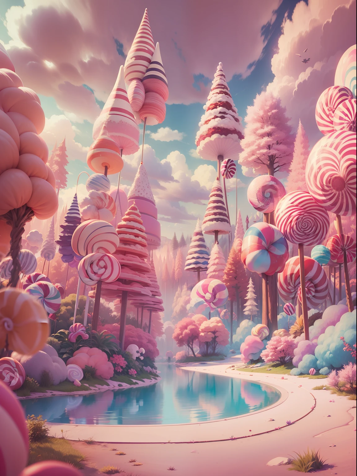 Pink Forest,Candy World,Lollipop trees,wide wide shot,Exceptional lighting effects,Candy Peak,Cream clouds,Marshmallow clouds,Juice river,Blue sky