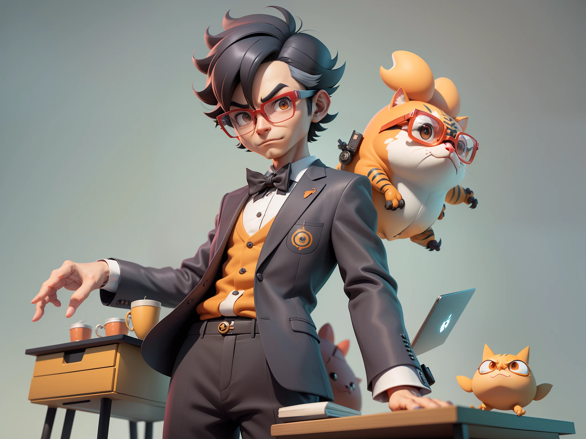A young man in a suit, Short hair and glasses sat at his desk,holding laptop,digitial painting,tigre,3D character design by Mark Clairen and Pixar and Hayao Miyazaki and Akira Toriyama,4K HD illustration,Very detailed facial features and cartoon-style visuals。