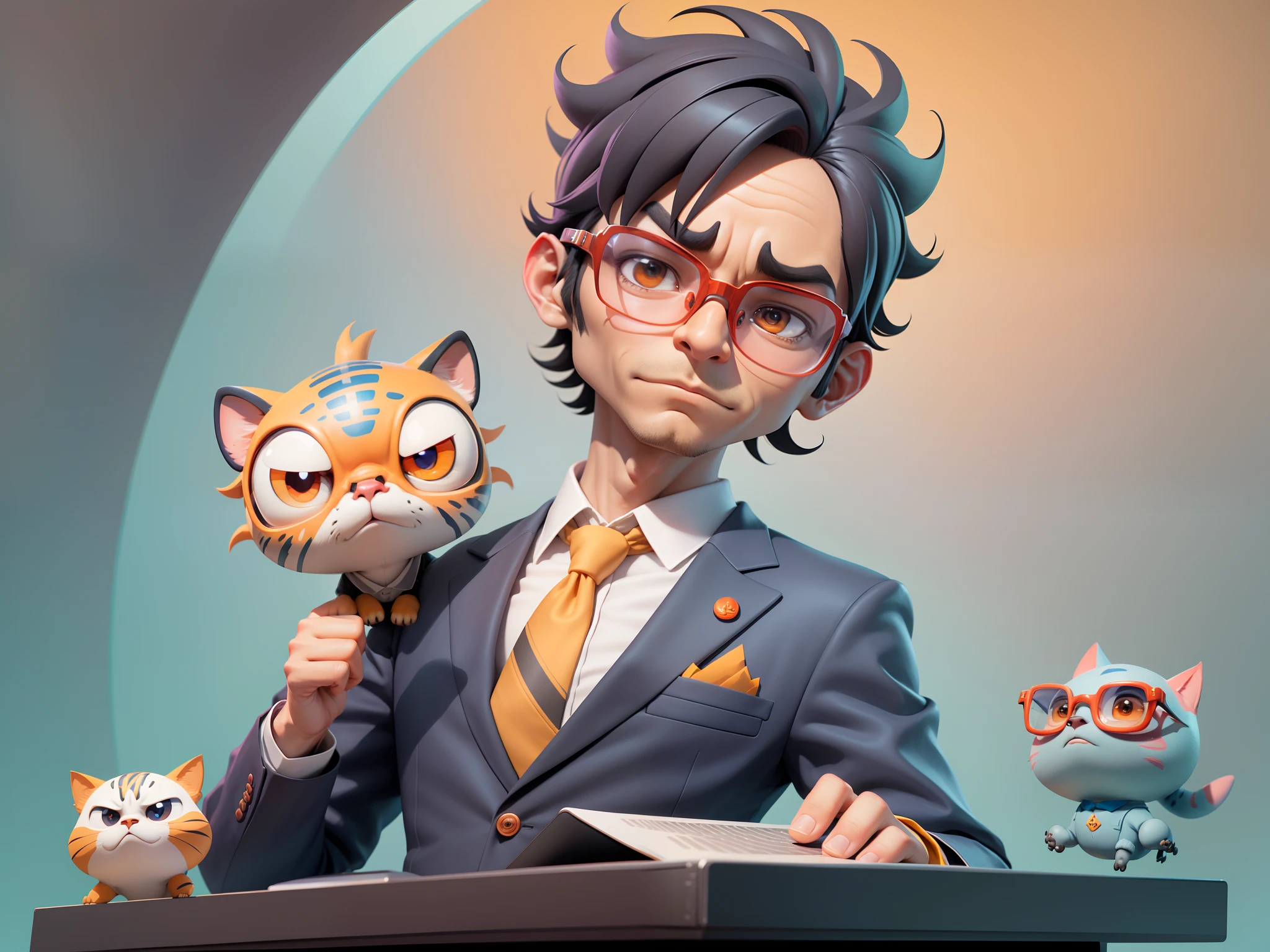 A young man in a suit, Short hair and glasses sat at his desk，holding laptop，digitial painting，tigre，3D character design by Mark Clairen and Pixar and Hayao Miyazaki and Akira Toriyama，4K HD illustration，Very detailed facial features and cartoon-style visuals。