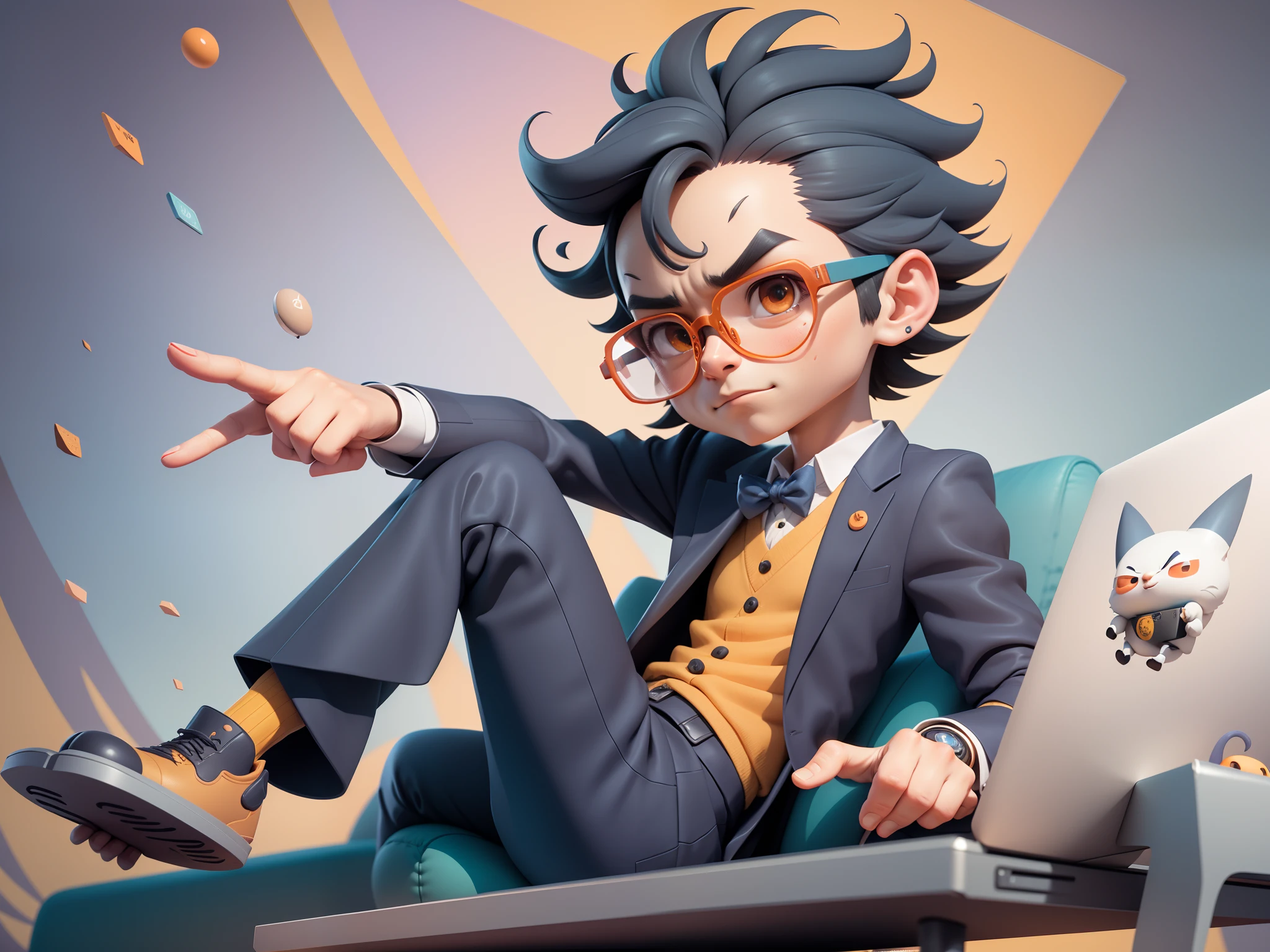 A young man in a suit, Short hair and glasses sat at his desk，holding laptop，digitial painting，tigre，3D character design by Mark Clairen and Pixar and Hayao Miyazaki and Akira Toriyama，4K HD illustration，Very detailed facial features and cartoon-style visuals。