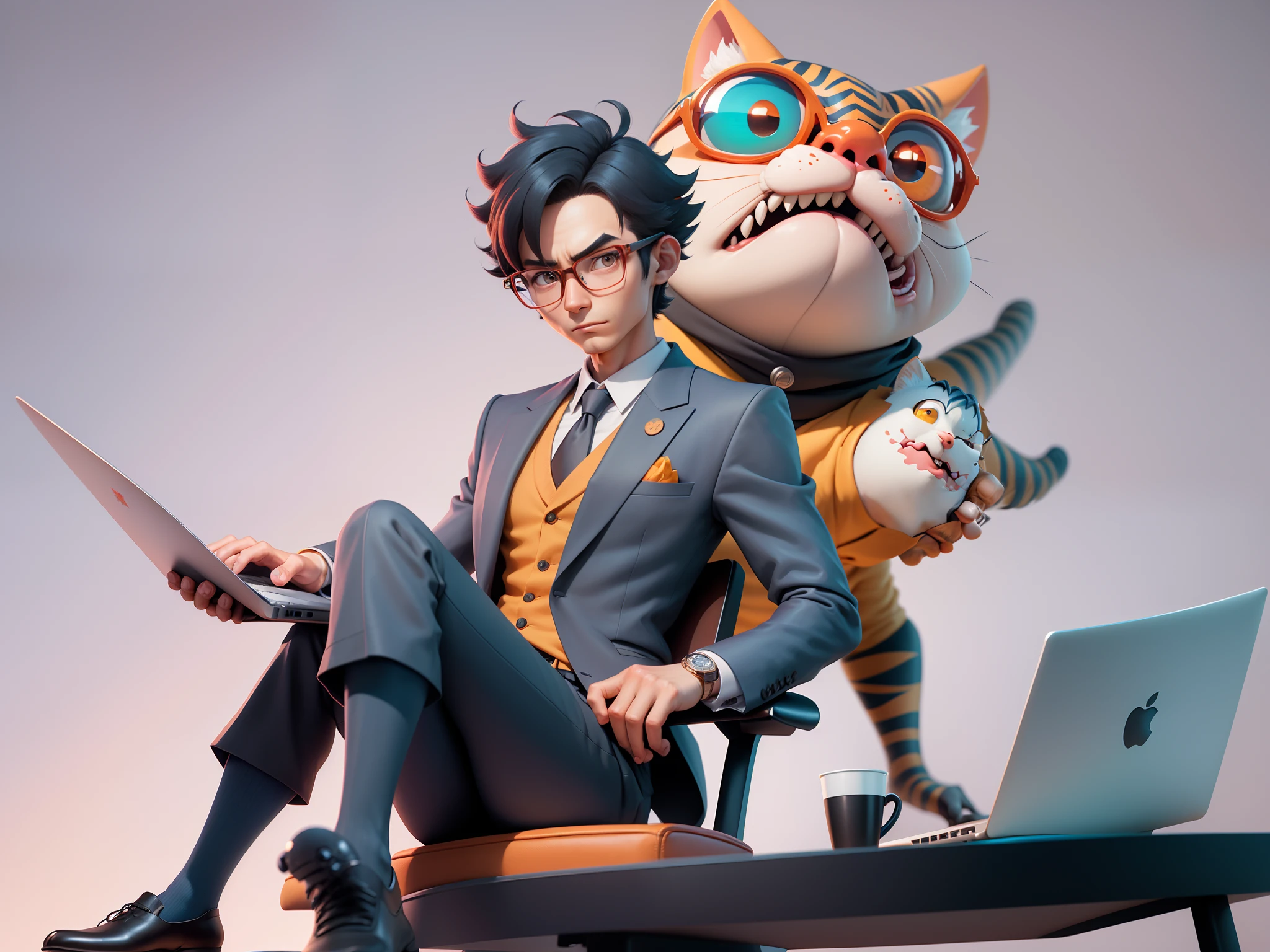 A young man in a suit, Short hair and glasses sat at his desk，holding laptop，digitial painting，tigre，3D character design by Mark Clairen and Pixar and Hayao Miyazaki and Akira Toriyama，4K HD illustration，Very detailed facial features and cartoon-style visuals。