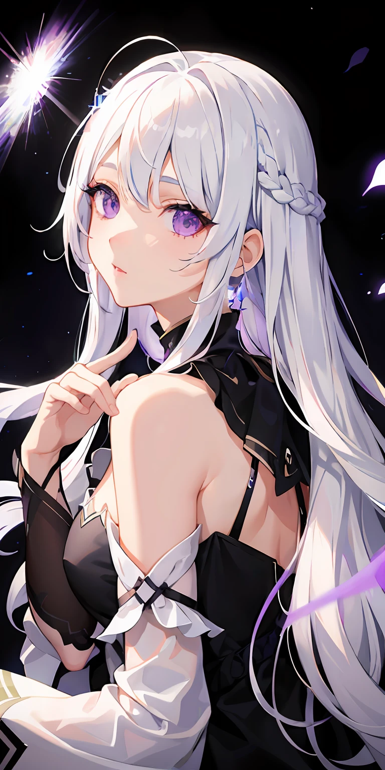 1girl, anime, cute girl, blank background, white background, fantasy, detailed fantasy dress with highlights, beautiful face, beautiful eyes, dark colors, black hair with multicolor streaks, red eye with different color pupil in eye, multicolor eye, medium breasts, slight cleavage, beautiful skin, cute, breast curtains, extremely delicate and beautiful, (beautiful detailed face:1.0), (detailed deep eyes), symmetrical breasts, deep eyes, shiny skin, portrait, slender waist, hips wider than shoulders, thighs, expressionless, young girl, luminous eyes, adorable，（Kpop idol）,（aegyo sal：1），（Platinum blonde hair：1），（（puffy eye）），Black panty，sexy posture，Superskirt, Ultra-high resolution，Black collar，slim figure, Abdominal y tattoo, womb tattoo，Tight-fitting leg ring，y tattoo on half-body，Bare skin, Armored hand，Hidden fingertips，Hand covered，Arm covered，Fist covered,{{beautiful detailed fingers}}, tufts of hair, moderate beautiful breast:1.0,(masterpiece:1.2), best quality, high-res, HDR, perfect face, intricate armor, delicate blue filigree, intricate filigree, red metalic parts, detailed part, dynamic pose, dynamic lights, cute face, neutral expression, shuimobysim, lotus, hanfu, maxi skirt, dress conservatively 1girl, solo, long blue hair, standing, One lady,years,((White hair) ,((Normal breasts)), (Shiny purple bodysuit with microskirt),((Fantasy, Moon Night))