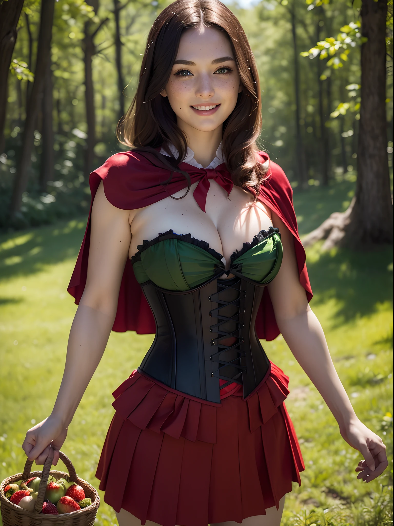 ((Masterpiece:1.4)), (high resolution:1.4), (standing:1.5), big beautifull smile , at the forest, RedHoodWaifu, red ridinghood, (emerald green eyes, light brown hair:1.2), (freckles:1.2) (red hood, drees, cape:1.2), (black corset:1.5), (red skirt:1.5), (fruit basket), beautifull smile, beautiful face, highly detailed skin, skin pores, (highly detailed face:1.1), (highly detailed eyes:1.1), realistic pupils, full face blush, full lips, (perfect anatomy:1.1), (perfect proportions:1.1), (photography:1.1), (photorealistic:1.1), volumetric lighting, dynamic lighting, real shadows, (highres:1.1), sharp focus, daylight, (realistic, hyperrealistic:1.4), intricate, high detail, dramatic, subsurface scattering, big depth of field, vivid, polished, sharpened, ((full Sharp)), (extremely absurdres),16k hdr,