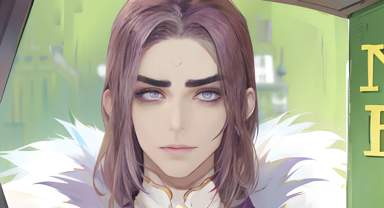 Angled eyebrows,tthin eyebrows、male people,well-formed pale lips、drooping purple eyes