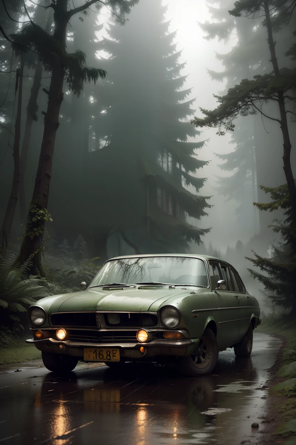 classic car abandoned in a deep forest old buildings in the distance raining