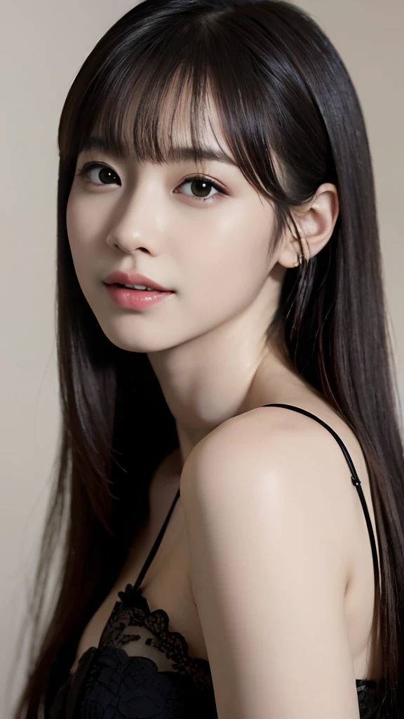 Photoreal, 1 beautiful Japanese woman, straight and long black hair, black eyes, crop top and short shorts