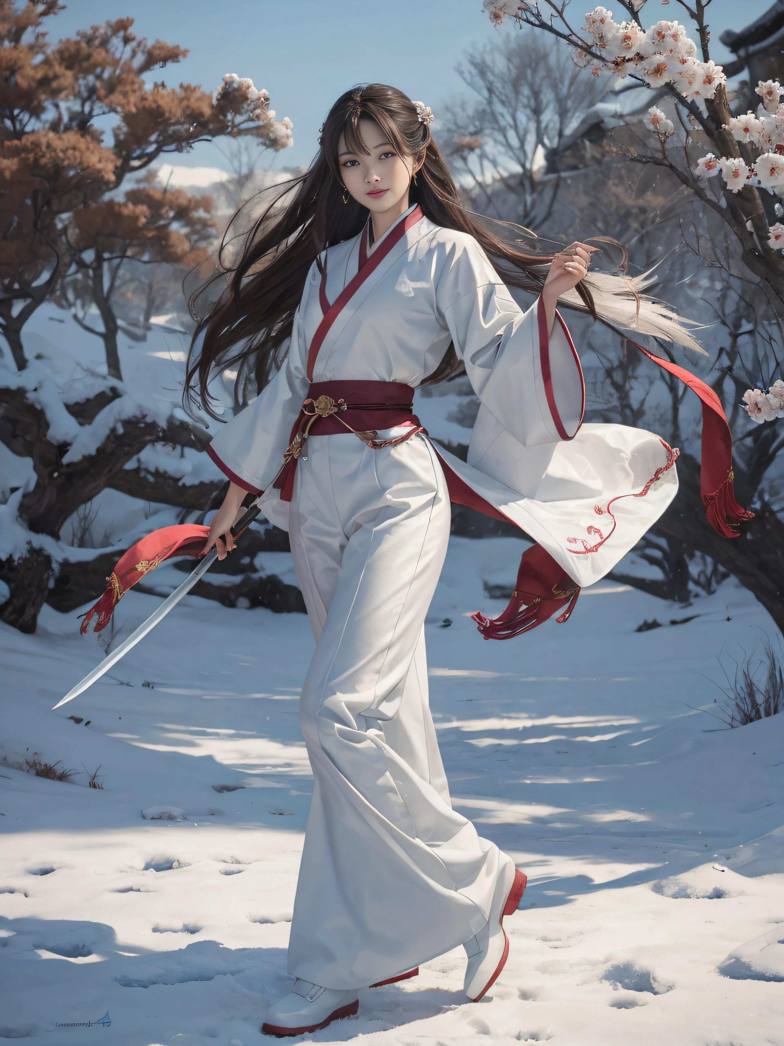 Royal sister,swordsmen,Big sister type,Oriental women,gallant woman,Cold sass,tmasterpiece,A high resolution,,Absolutely beautiful,,looking toward the viewer,frontage,(Wide buttock:1.3),(Thick legs:1.4),are standing,exquisitedetails,A high resolution,Wallpapers,1female,独奏,brunette color hair,enchanted, cruel grin,ancient wind,Hanfu,The whole body is dressed in pure white,Wear long pants,Wear boots,The clothes on the chest have the pattern of cranes,embroidery, natural poses,standing on your feet, Fanning,16K,HDR,A high resolution,depth of fields,Bocoon,prime time,Vignette,rainbowing