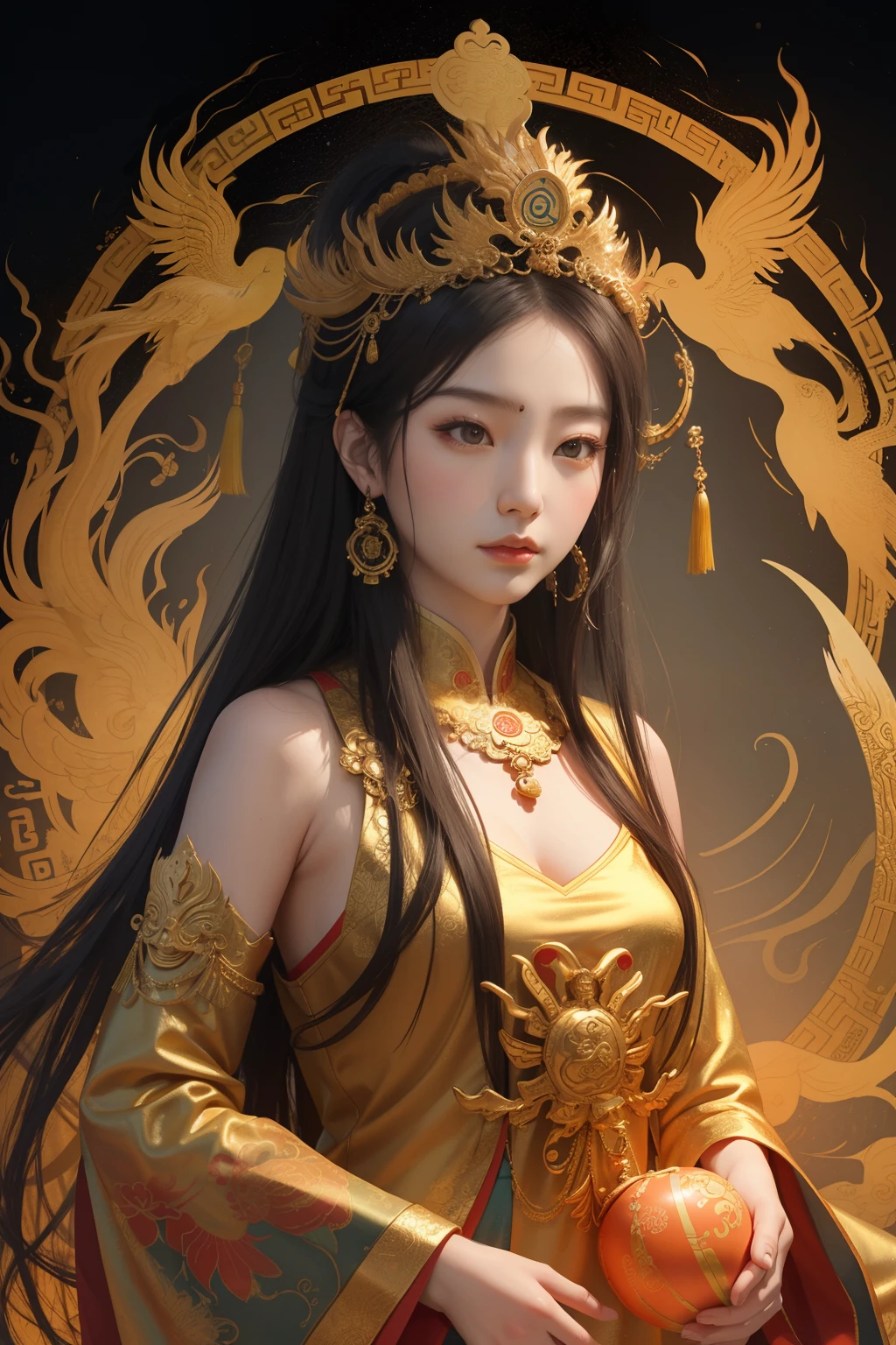 an ancient Chinese goddess, guanyin of the southern seas, Guanyin, Inspired by China, Avalokiteshvara rides a phoenix,,Serene expression,shui mo hua,Buddha,Buddhist,Lotus,Chinese painting style,Thangka style