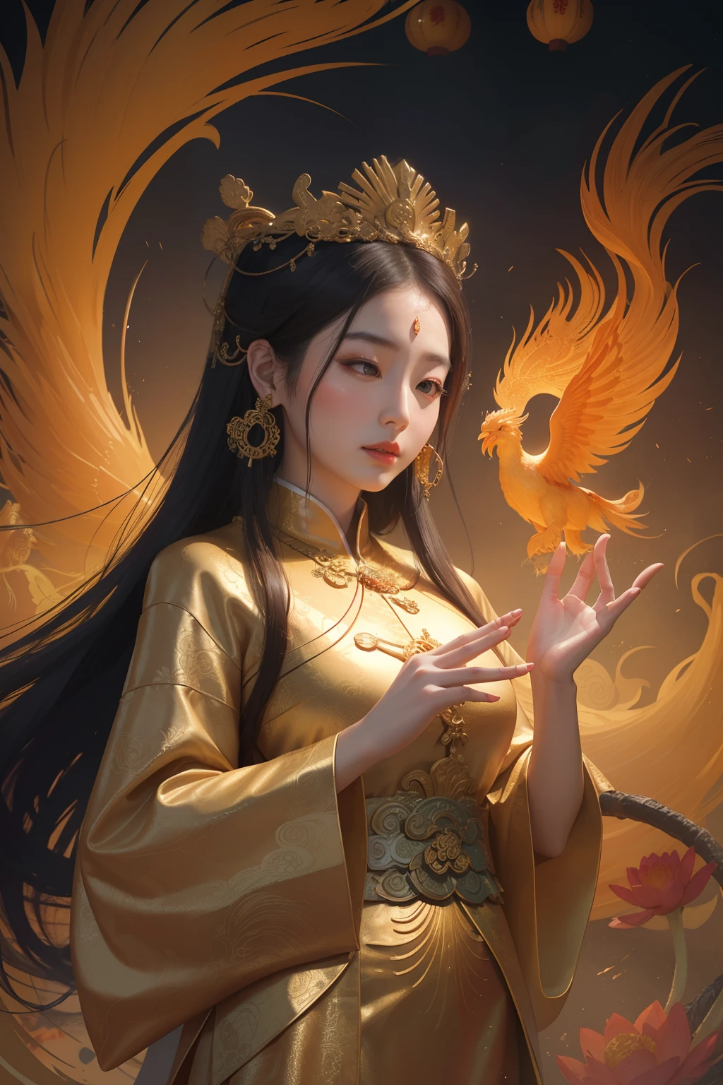 an ancient Chinese goddess, guanyin of the southern seas, Guanyin, Inspired by China, Avalokiteshvara rides a phoenix,,Serene expression,shui mo hua,Buddha,Buddhist,Lotus,Chinese painting style,Thangka style