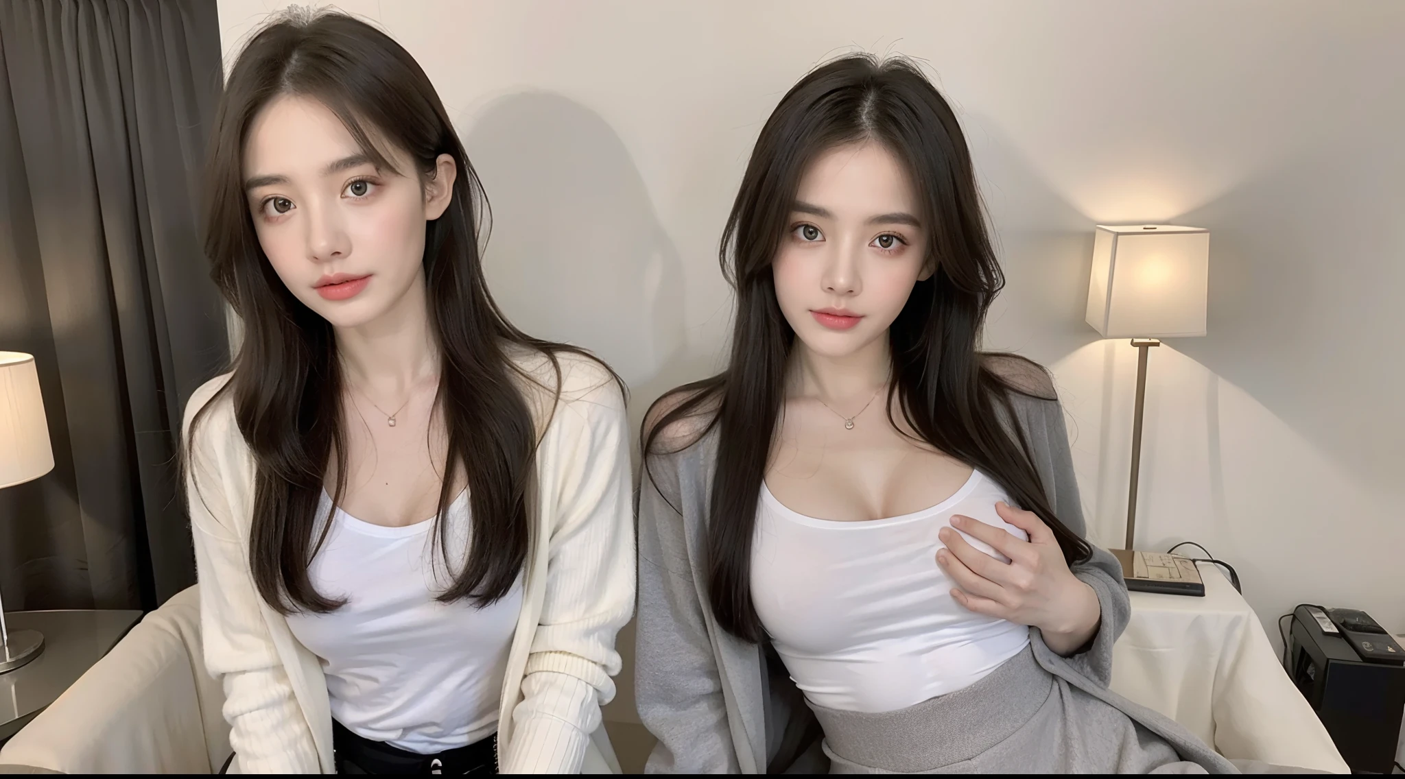 (High-resolution 8K raw photos are realistic,best qualtiy),Stick together,Cuddle together,Grab your chest from behind,Sad,agony,Stick out her tongue,Short hair in layers,Coiled hair,Hair coiled,Bangs on both sides,(A half body),Skinny and small,beautidful eyes,Super detailed face,Beautiful woman,Tight and thin waist,Bigchest,age uncensored,cute female child,Glowing skin,20yr old,Pure,Celebrity,Noble,Raised sexy,(inside in room,Couples hotel,pinch breasts,grabbing the breasts),Sharpen,Chiffon,Gauze skirt,lacing,Front light,(Solo:1.2),twincest,Grey t-shirt,Star coat