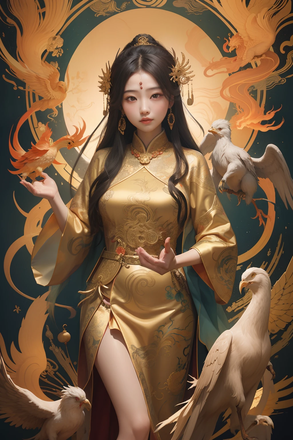 an ancient Chinese goddess, guanyin of the southern seas, Guanyin, Inspired by China, Avalokiteshvara rides a phoenix,,Serene expression,shui mo hua,Buddha,Buddhist,Lotus,Chinese painting style,Thangka style