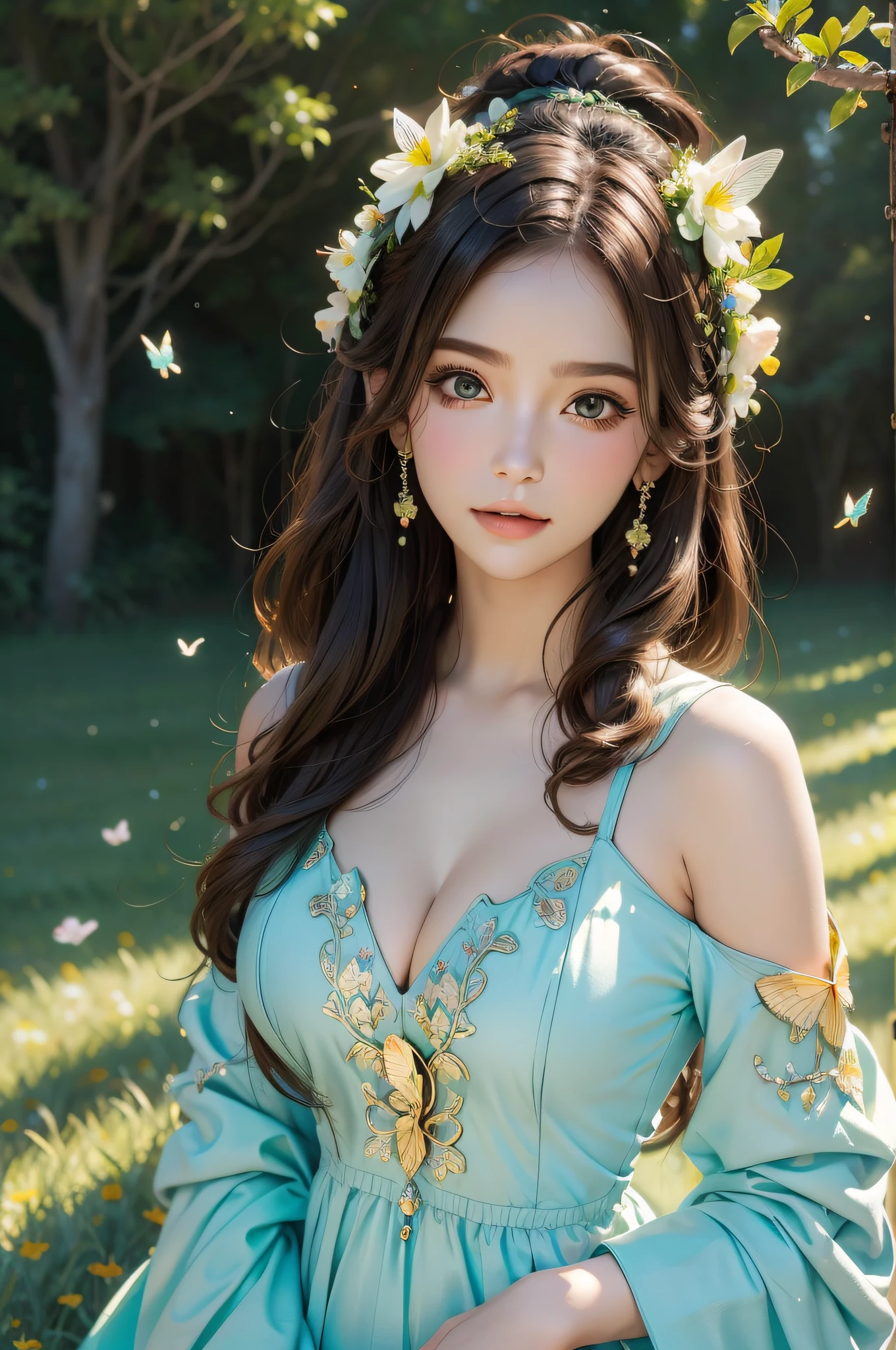 grassy fields，1Beautifulwoman（Wear a garland on your head），closeup cleavage，tmasterpiece，Flower butterflies