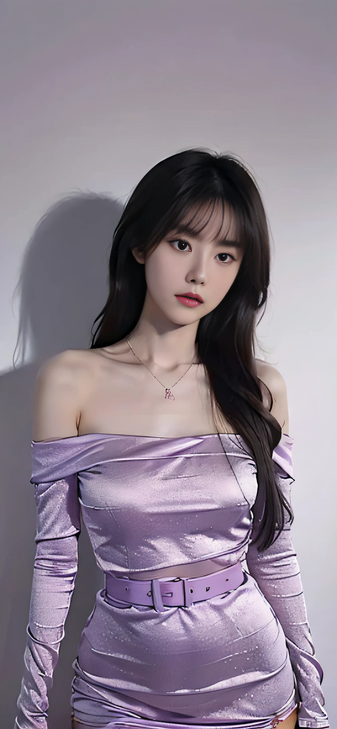 A Chinese woman on off-white wall background, fluffy hair, delicate face, realistic, real, slender, large aperture, wearing a light purple dress, round neck dress, off-the-shoulder dress, tight dress, black belt, with necklace,