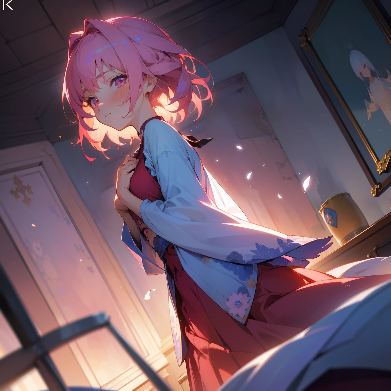 ​masterpiece,top-quality, Best Quality, the Extremely Detailed CG Unity 8K Wallpapers, Cinematic lighting, Lens Flare, Eyes in Beautiful Details, side glance, colorful light, Particle, portrait closeup,Cornflower Art、dream-like,hight resolution、volume illumination、contour deepening,Back lighting、Very detailed 8k wallpaper,校服, Openwork top, red blush, at bedroom,Pink hair,Pink eyes,Sauce order,Shy face,hand on the breasts