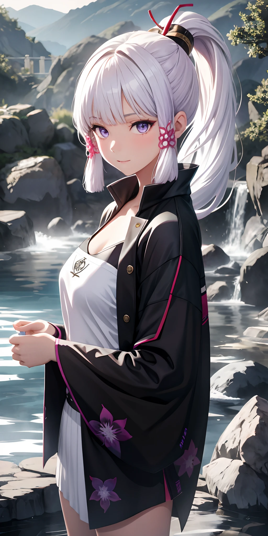 1girl, white hair, purple eyes, portrait, realistic, towel, (onsen), sidelighting, wallpaper, nsfw,Black clothes