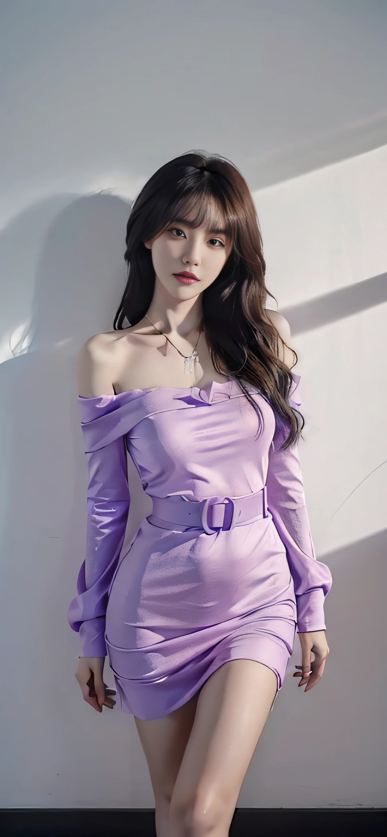 A Chinese woman on off-white wall background, fluffy hair, delicate face, realistic, real, slender, large aperture, wearing a light purple dress, round neck dress, off-the-shoulder dress, tight dress, black belt, with necklace,