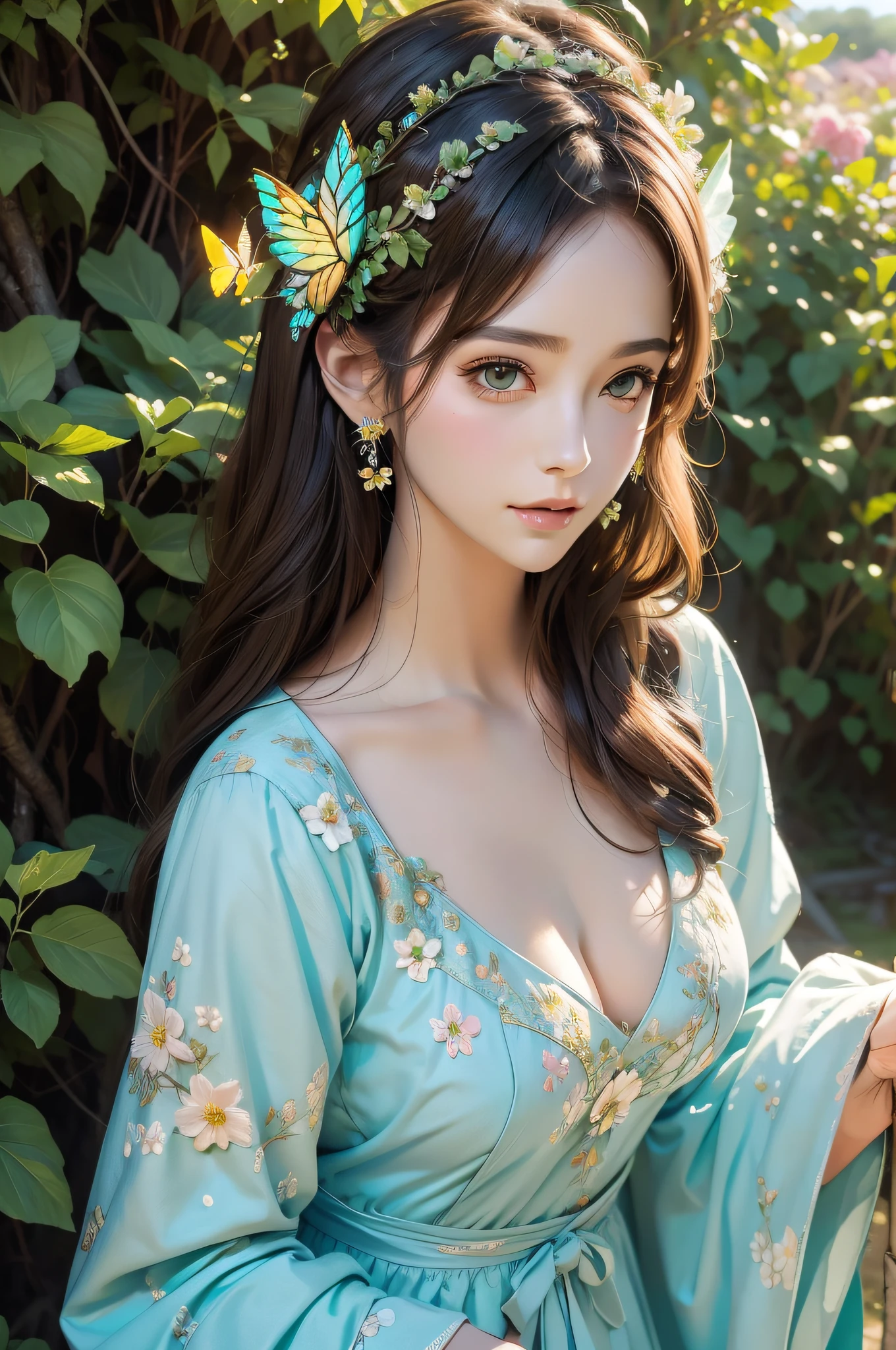 grassy fields,1Beautifulwoman(Wear a garland on your head),closeup cleavage,tmasterpiece,Flower butterflies