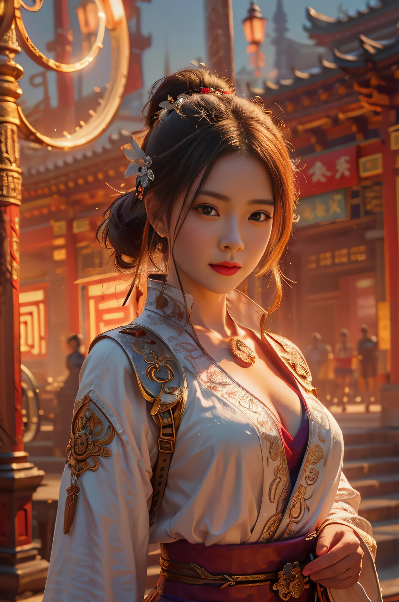 Best quality,masterpiece,ultra high res,(photorealistic:1.4),xiuxian,weapon,Detailed face, 1girl,solo,weapon,cleavage,(magic circle:1.2),xiuxian,upper body,Beautiful girl,full body,east asian architecture,sheath,architecture,