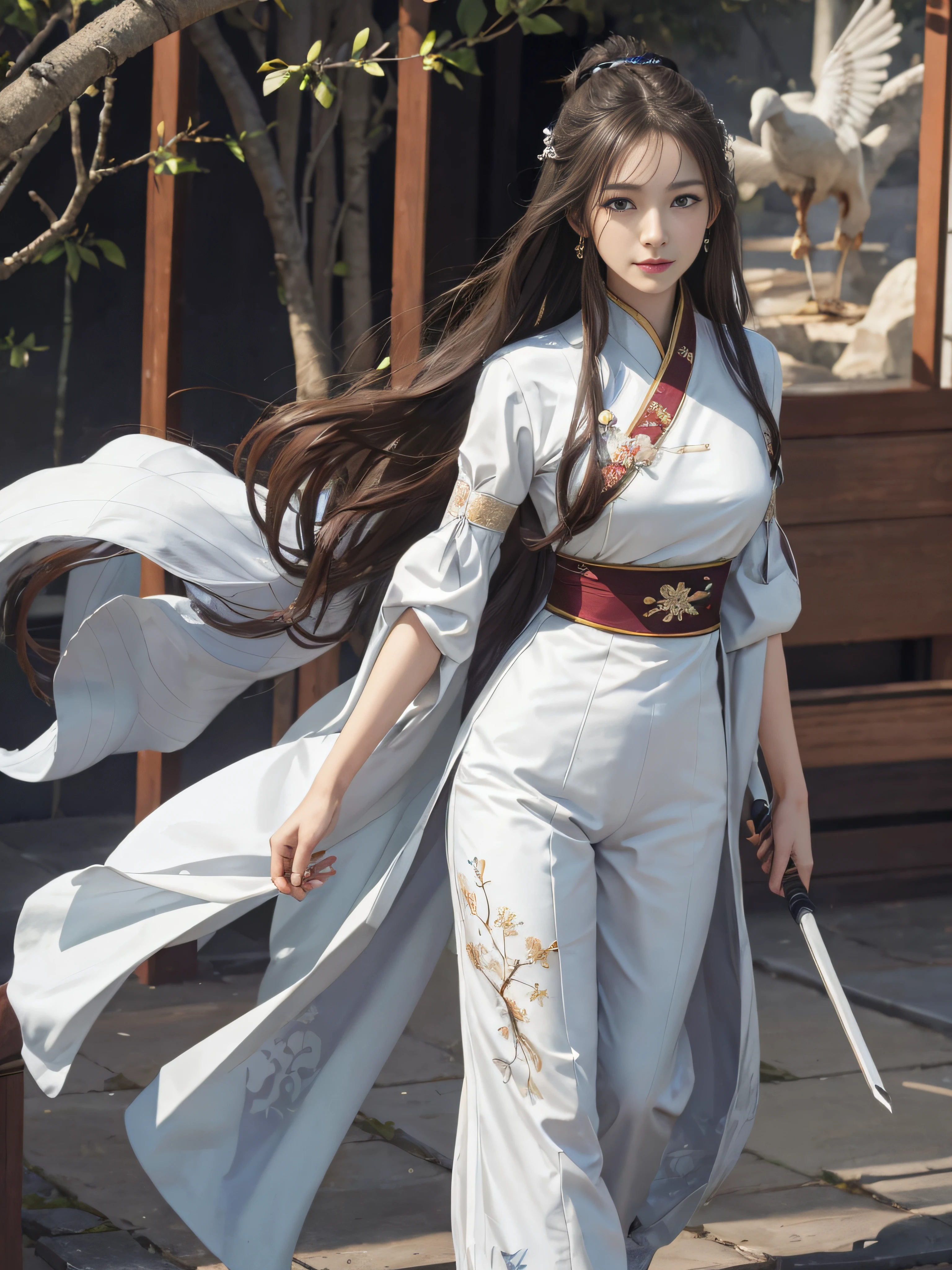 Royal sister，swordsmen，Big sister type，Oriental women，gallant woman，Cold sass，tmasterpiece，A high resolution,,Absolutely beautiful,，looking toward the viewer，frontage，（Wide buttock：1.3），（Thick legs：1.4），are standing，exquisitedetails,A high resolution,Wallpapers,1female,独奏，brunette color hair，enchanted， cruel grin，ancient wind，Hanfu,The whole body is dressed in pure white，Wear long pants，Wear boots，The clothes on the chest have the pattern of cranes，embroidery, natural poses,standing on your feet， Fanning，16K，HDR，A high resolution，depth of fields，Bocoon，prime time，Vignette，rainbowing