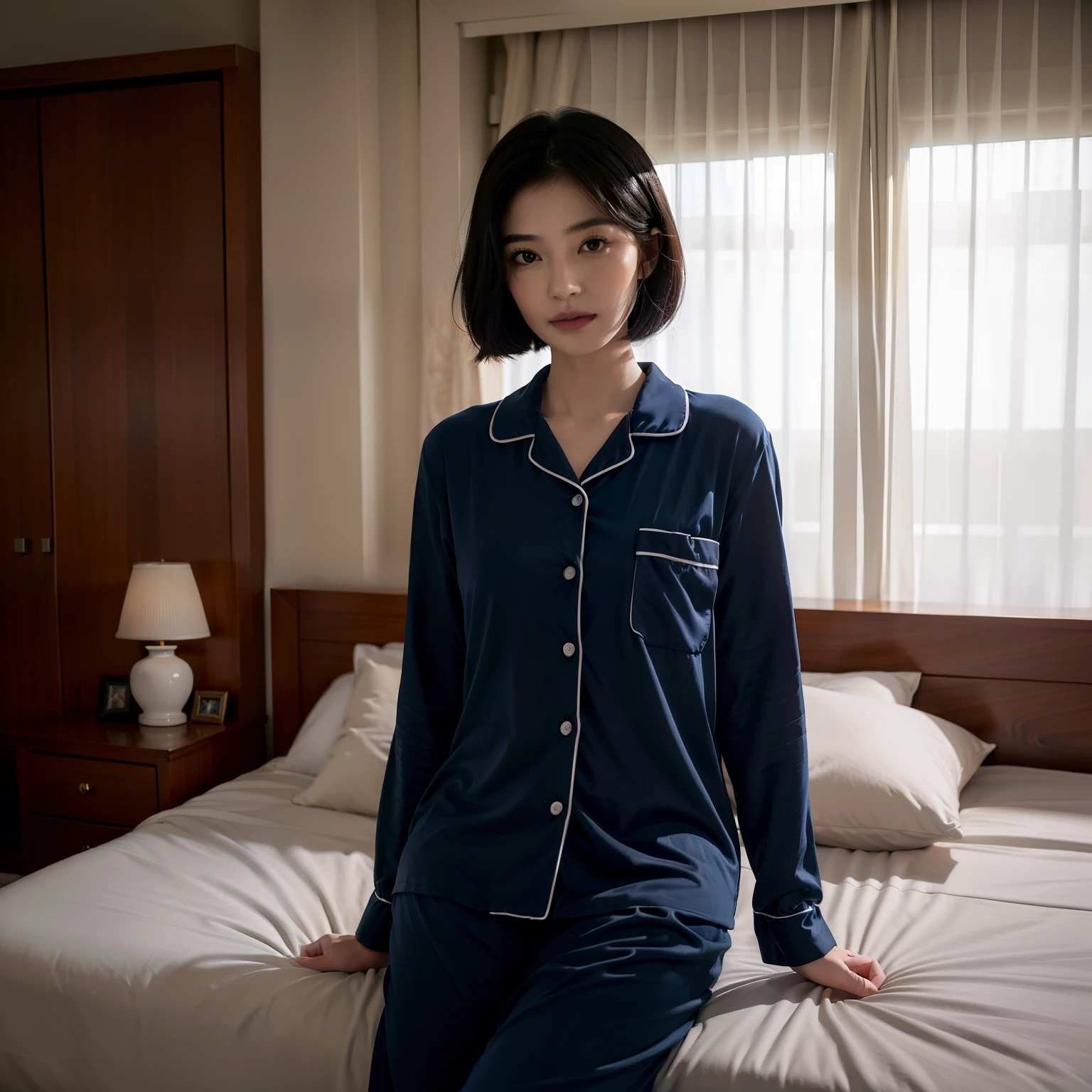 top-quality, masterpiece, 超A high resolution, 8K, Unripe, (photographrealistic:1.4), rendered, depth of fields, Look at viewers, A slender, In a luxurious hospital room, detailed beautiful faces, 1 rapariga, cute little, 年轻,, Large black eyes, Black Hair Bob,Pajama luxury, (s Pajamas:1.3),s Pajamas,high-class sense,1 Patrol of female doctors in navy blue life vests,