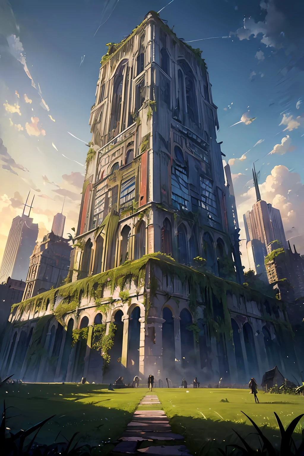 (((masterpiece)))、(((top-quality)))、((ultra-detailliert))、devastated、Ruins、城市、Skyscraper、Grass grows、(musgo)、(Tangled building of ivy)、Chapped、Collapsed、highrise buildings、evening、Foggy、1000 years have passed、Earth continues、History continues、Buildings overgrown with vegetation、(charcoal)