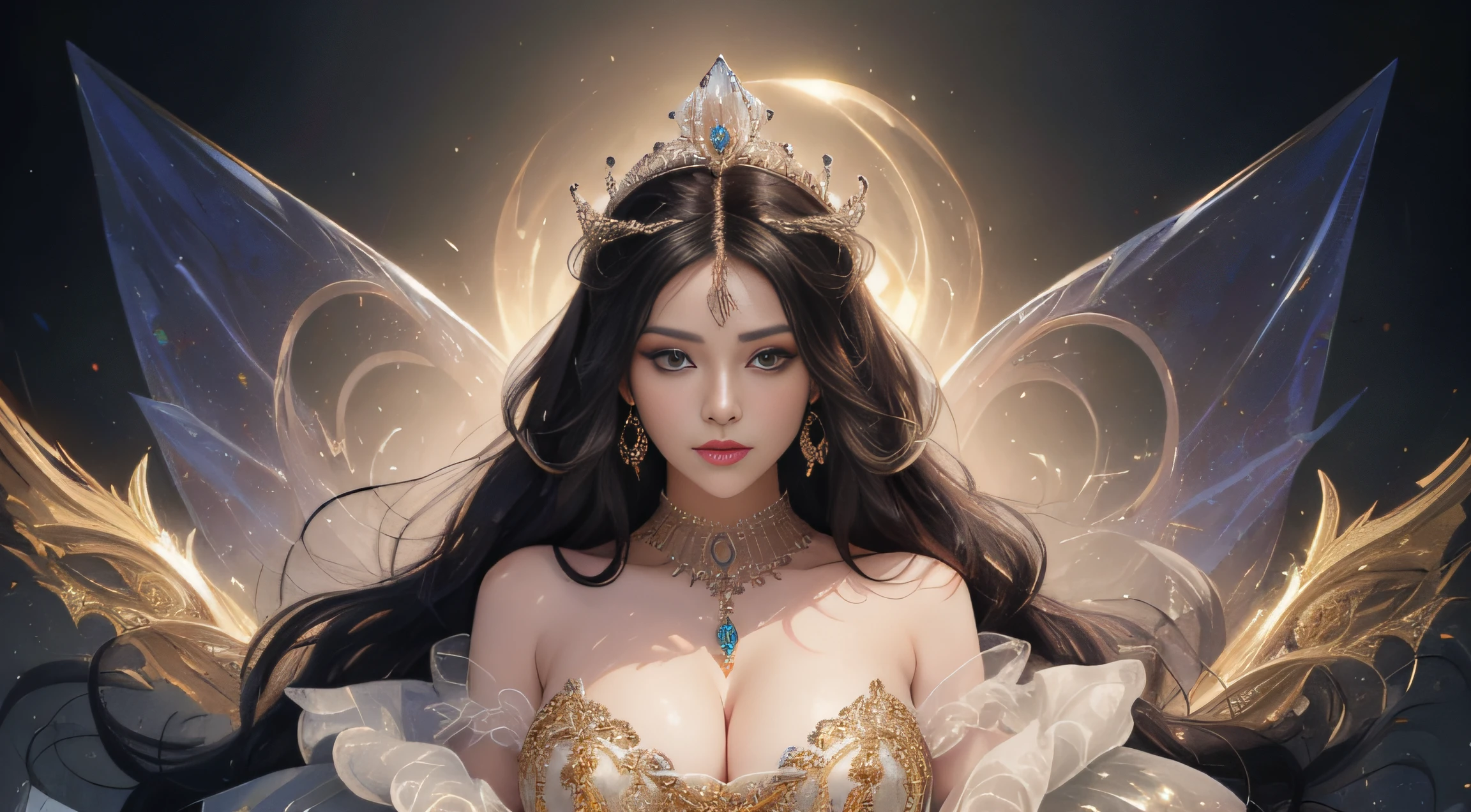tmasterpiece,Highest image quality,Beautiful full-body portrait of a royal lady,gigantic cleavage breasts,Delicate black hairstyle,Amber eyes are clear,Embellished with a dazzling array of intricate jewelry,super detailing,upscaled。