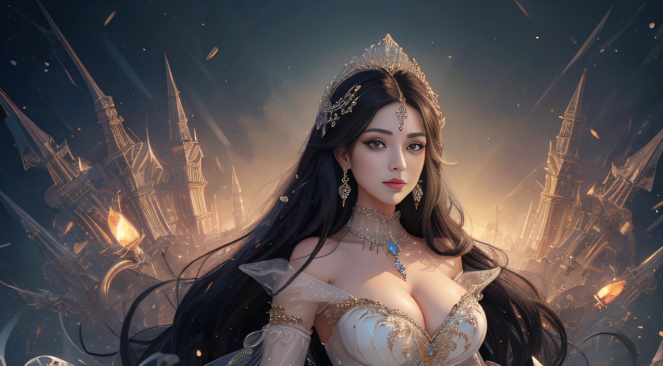 tmasterpiece,Highest image quality,Beautiful full-body portrait of a royal lady,gigantic cleavage breasts,Delicate black hairstyle,Amber eyes are clear,Embellished with a dazzling array of intricate jewelry,super detailing,upscaled。