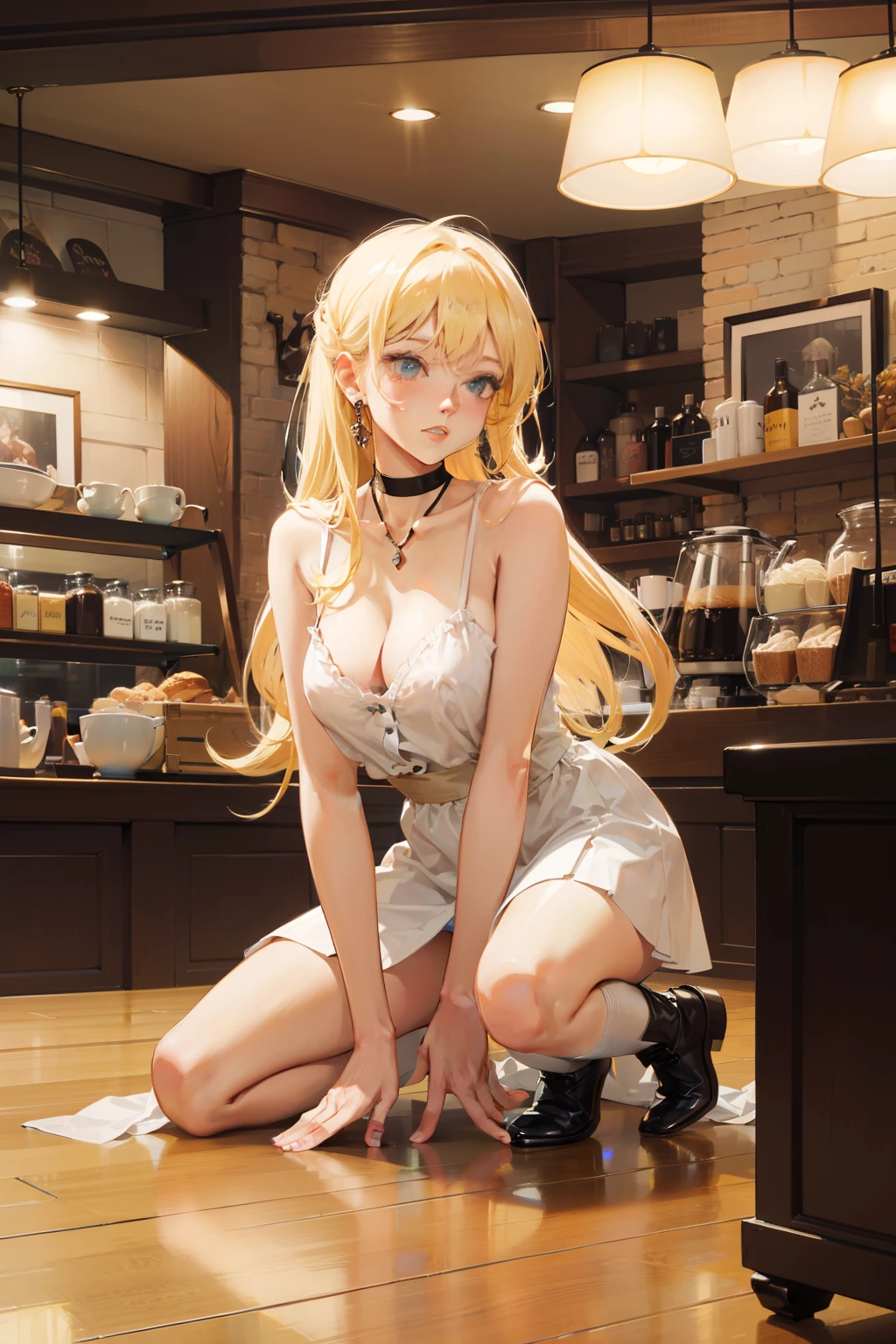 (masterpiece, best quality), 1girl, blond hair, barista, vneck, cleavage, kneeling,