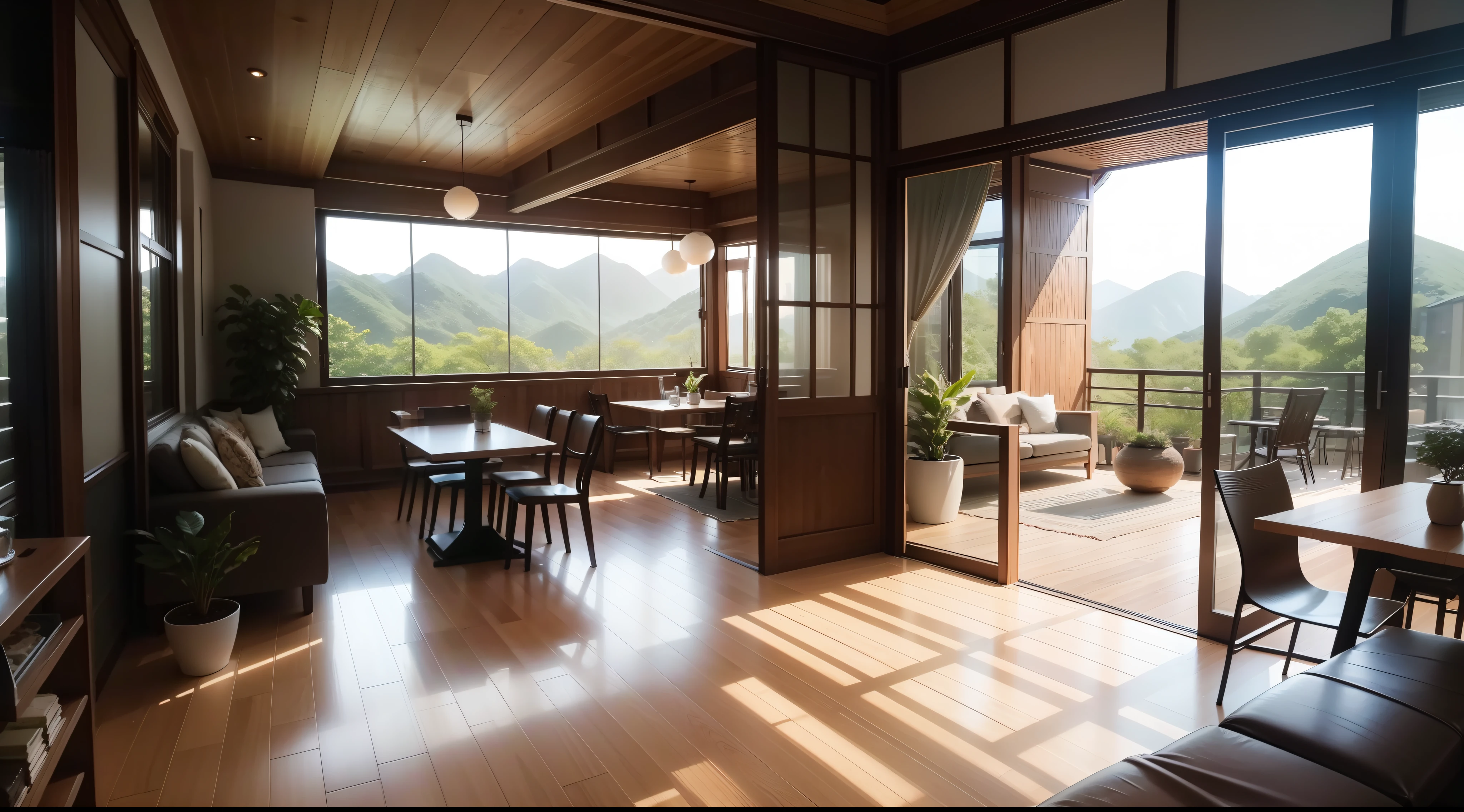 interior design、Insanely detailed wide-angle architectural photo、Cozy contemporary living room、(Bright and warm sunlight 1:0.1)、Award-winning contemporary interior design、landscapes、The table、a chair、in a house、Wooden flooring、window、resturant、east asian east asian architecture、sliding paper doors、abajour、architectural、the woods、naturey、cups、a plant、interior design、Insert lighting and shadows、depth of fields、low illuminance