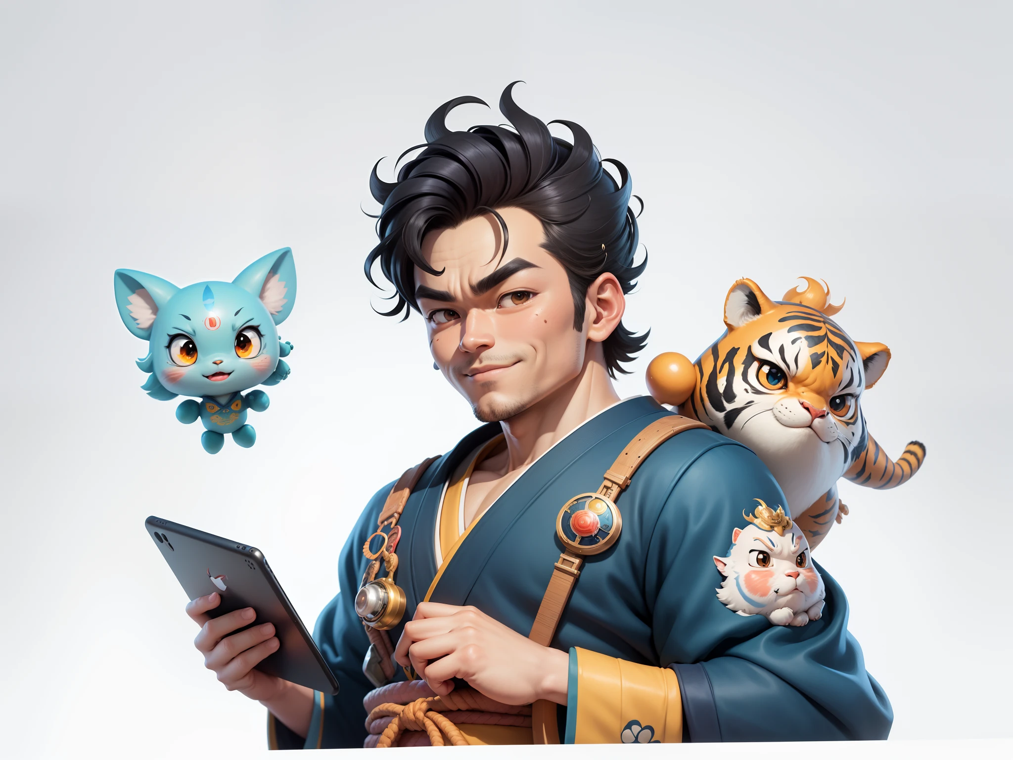 (Masterpiece), (Excellent), (Super Meticulous), (Full Body: 1.2), Super Young Man, Oriental Face, Japanese Kimono, Japanese Wind Thunder God, Dragon, Tiger, TV Anchor, Bust Portrait Illustration, Alone, Black Suit, Blue Tie, Slightly Chubby Face, Very Clean Face, No Beard, Black Super Short Hair, Black Eyes, Confident Smile, 3c Computer Sub-Products, iPad, iPhone, Digital Painting, 3D Character Design by Akira Toriyama and Mark Claireden and Pixar and Hayao Miyazaki, The illustration is a high-definition illustration in 4K resolution with very detailed facial features and cartoon-style visuals.