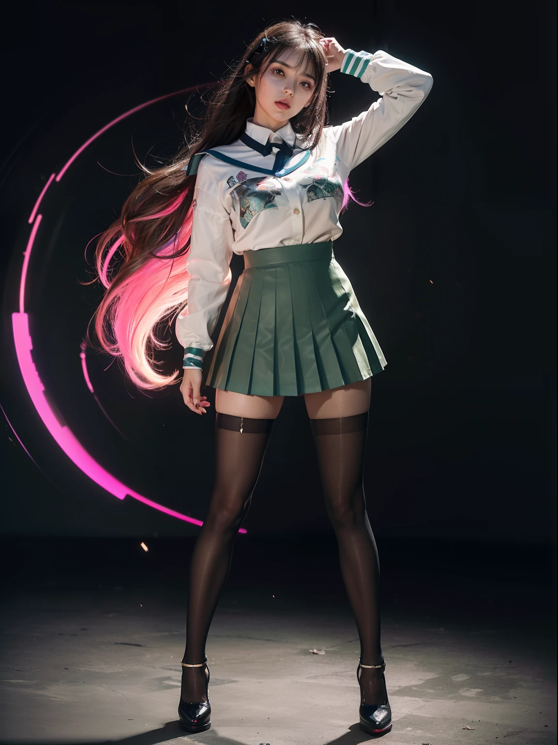 (full body:2)，(1girl:1.3),(view the viewer:1.4)，(anatomy correct:1.45),,(very thick printed pantyhose:1.4),( A woman Wear printed fantasy colorful JK student uniform pleated skirt and uniform pointed high-heeled leather shoes :1.35)，(A woman with large buttocks, breasts, and a slender waist:1.4),(eating ramen Noodles in the shop:1.35)， (Light particle effect:1.3),(In pink | amarelo | blue colors| green color |red color | white colors| black in color| purplish color| greys| Beige| Flesh color 1.4)，(Glowing eyes:1.3),(Large amplitude action: 1.3)，(Accurate and perfect face:1.4),hyper HD, Ray traching, reflective light，structurally correct, Award-Awarded, high detail, lighten shade contrast, Face lighting，cinmatic lighting, tmasterpiece, super detailing, high quality, high detail, best quality, 16k，High contrast,