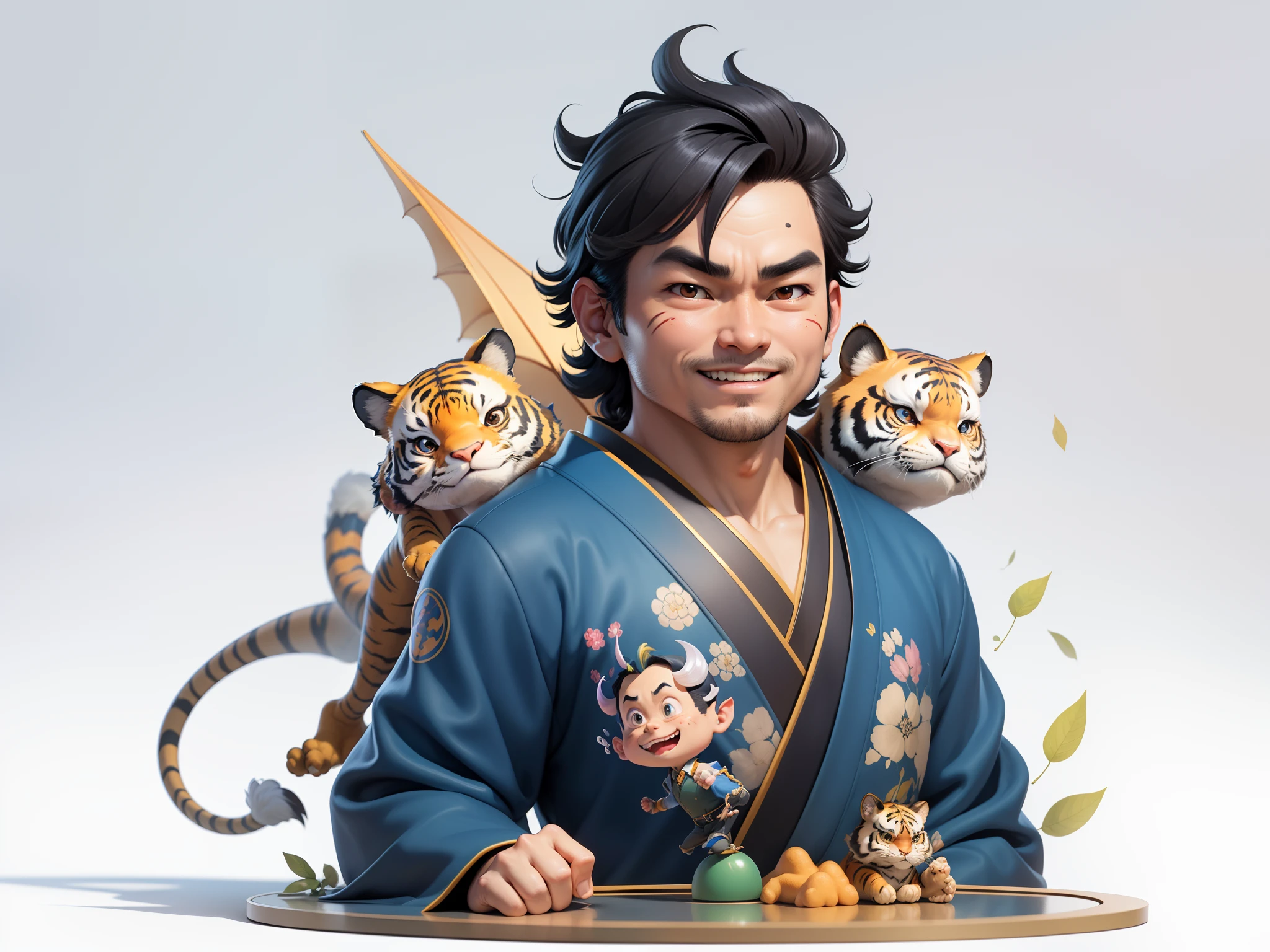 (Masterpiece), (Excellent), (Super Meticulous), (Full Body: 1.2), Super Young Man, Oriental Face, Japanese Kimono, Japanese Wind Thunder God, Dragon, Tiger, TV Anchor, Bust Portrait Illustration, Alone, Black Suit, Blue Tie, Slightly Chubby Face, Very Clean Face, No Beard, Black Super Short Hair, Black Eyes, Confident Smile, 3c Computer Sub-Products, iPad, iPhone, Digital Painting, 3D Character Design by Akira Toriyama and Mark Claireden and Pixar and Hayao Miyazaki, The illustration is a high-definition illustration in 4K resolution with very detailed facial features and cartoon-style visuals.
