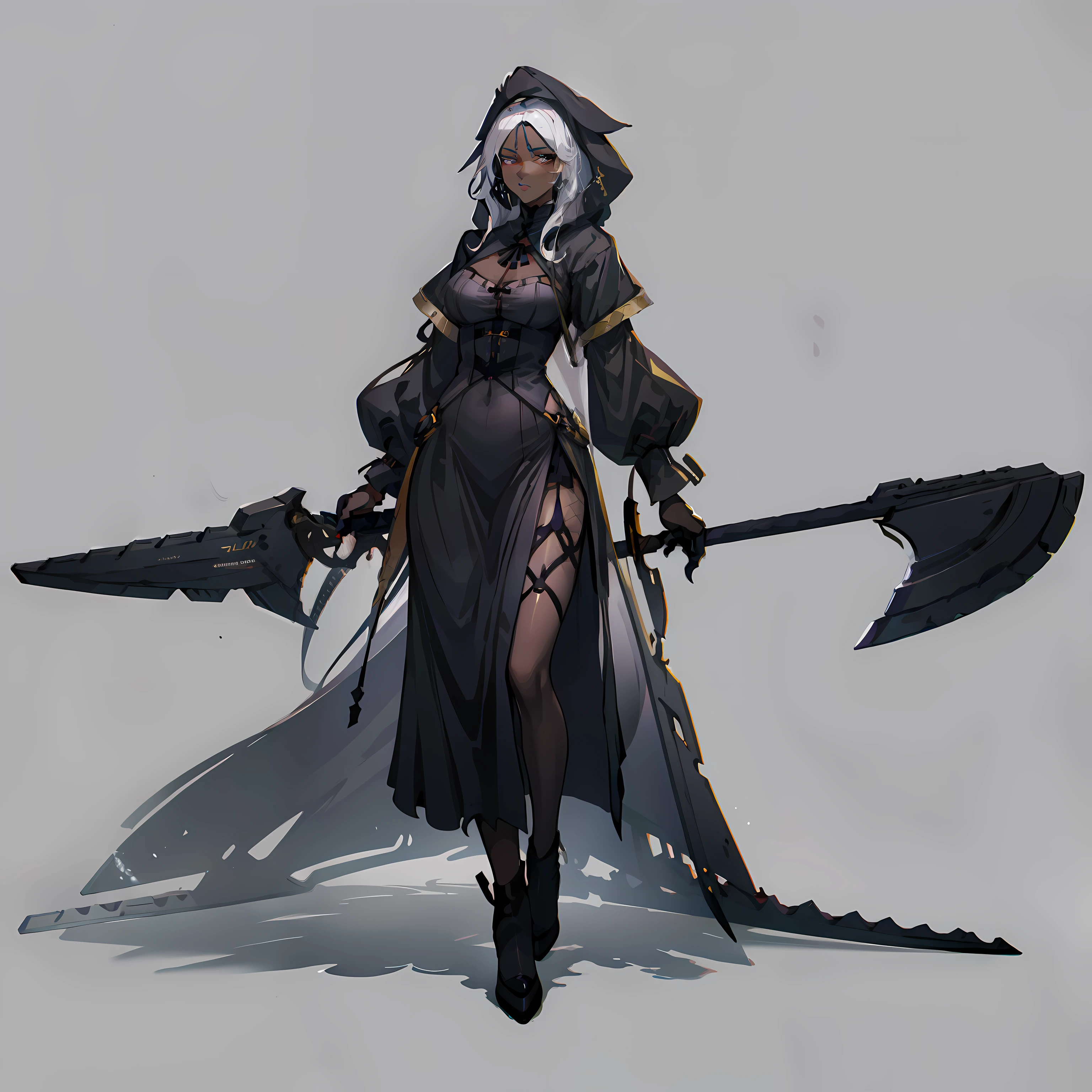 belladonna, Female, Full body shot, No background, White background, Full Black Body, Full black skin tone, White hair, Grim Reaper, no background, white backgrounid, scythe
