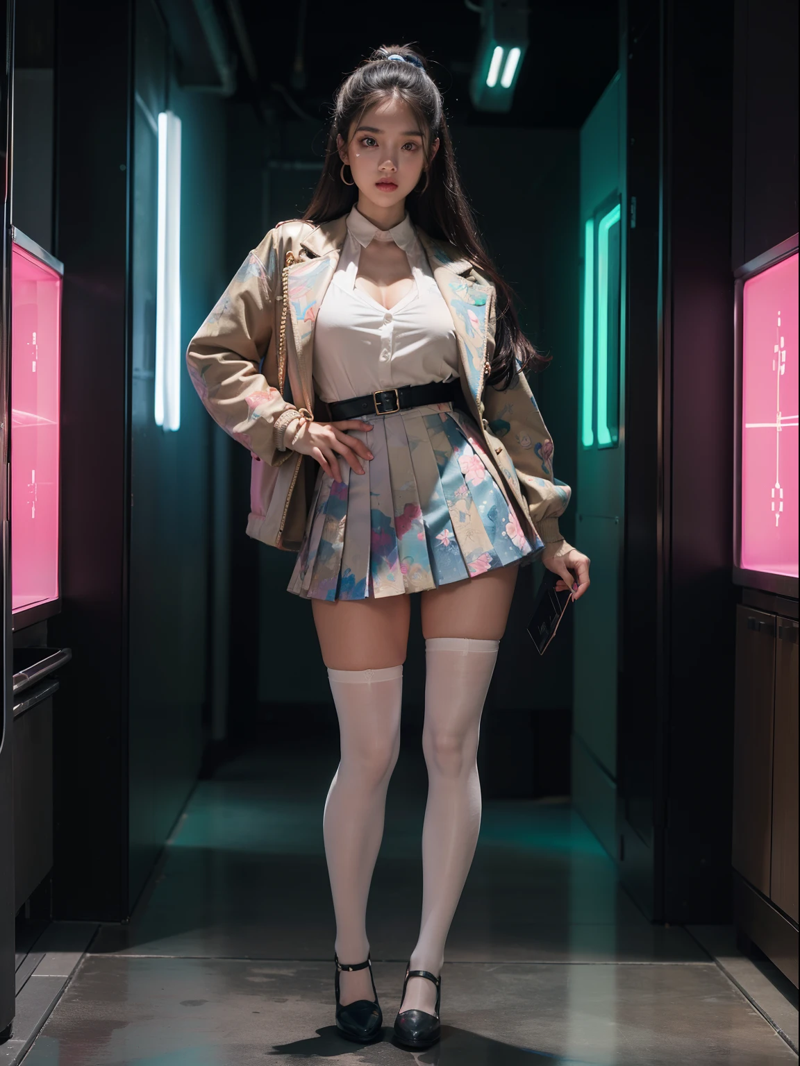 (full body:1.5),(1girl:1.3),(view the viewer:1.4),(anatomy correct:1.45),(Sitting in the center of Cyberpunk's street:1.3),(very thick printed pantyhose:1.4),( Chinese woman Wear printed fantasy Ultraman style JK student uniform pleated skirt and uniform pointed high-heeled leather shoes :1.35), (Light particle effect:1.3),(In pink | amarelo | blue colors| green color |red color | white colors| black in color| purplish color| greys| Beige| Flesh color 1.4),(Glowing eyes:1.3),(Large amplitude action: 1.3),(Accurate and perfect face:1.4),hyper HD, Ray traching, reflective light,structurally correct, Award-Awarded, high detail, lighten shade contrast, Face lighting,cinmatic lighting, tmasterpiece, super detailing, high quality, high detail, best quality, 16k,High contrast,