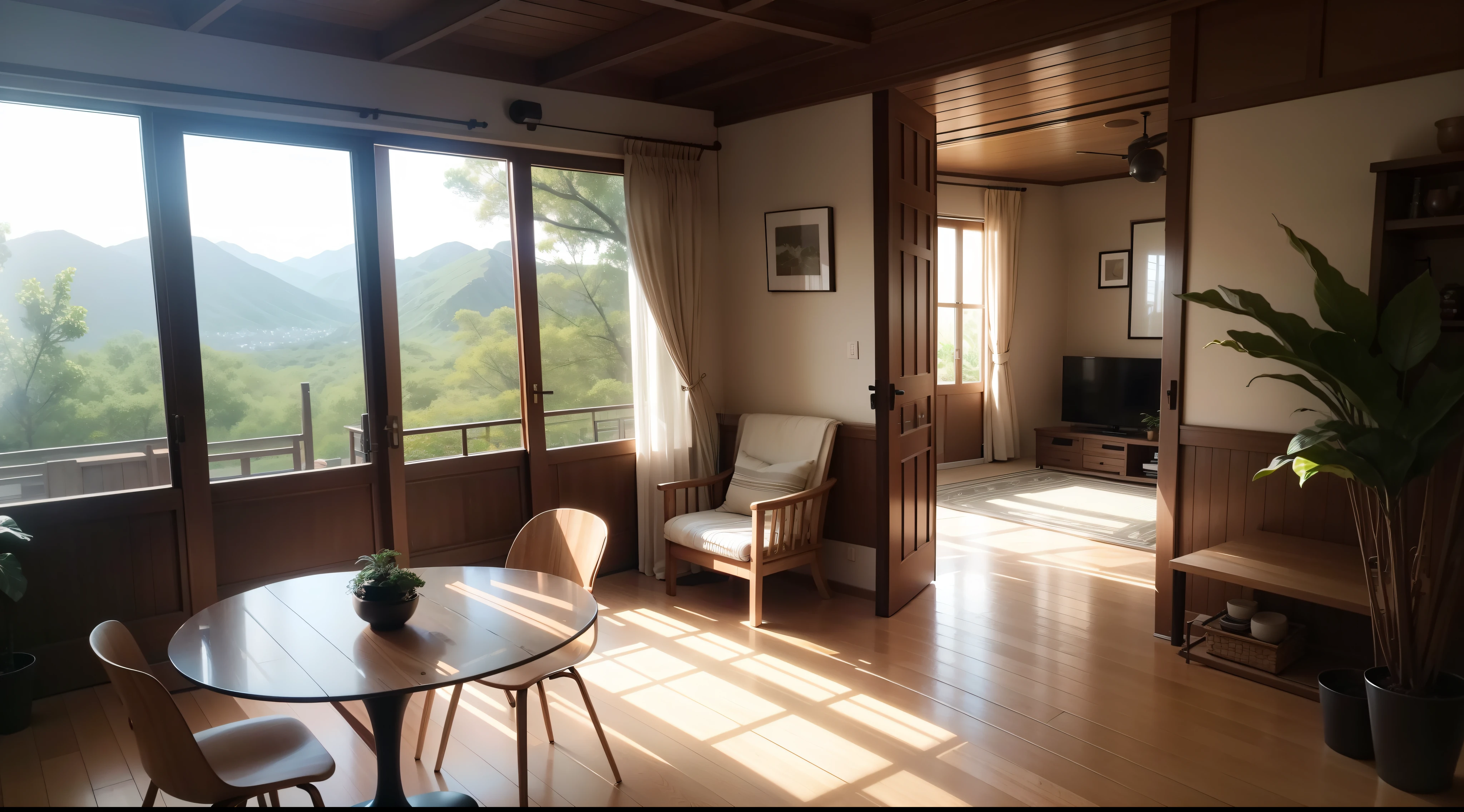 interior design、Insanely detailed wide-angle architectural photo、Cozy contemporary living room、(Bright and warm sunlight 1:0.1)、Award-winning contemporary interior design、landscapes、The table、a chair、in a house、Wooden flooring、window、resturant、east asian east asian architecture、sliding paper doors、abajour、architectural、the woods、naturey、cups、a plant、interior design、Insert lighting and shadows、depth of fields、low illuminance