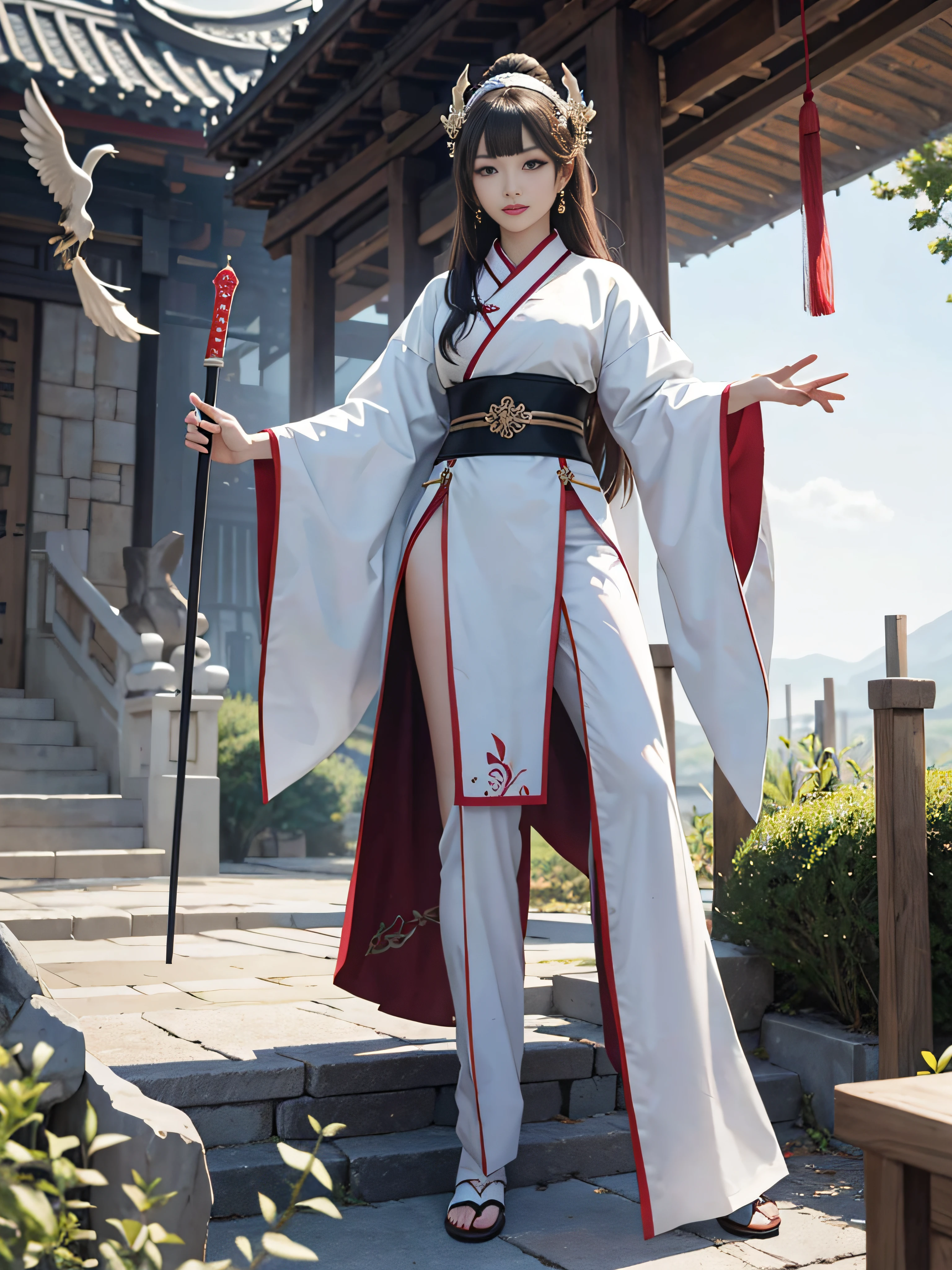 Royal sister,swordsmen,Big sister type,Oriental women,gallant woman,Cold sass,tmasterpiece,A high resolution,,Absolutely beautiful,,looking toward the viewer,frontage,(Wide buttock:1.3),(Thick legs:1.4),are standing,exquisitedetails,A high resolution,Wallpapers,1female,独奏,brunette color hair,enchanted, cruel grin,ancient wind,Hanfu,The whole body is dressed in pure white,Wear long pants,Wear boots,The clothes on the chest have the pattern of cranes,embroidery, natural poses,standing on your feet, Fanning,16K,HDR,A high resolution,depth of fields,Bocoon,prime time,Vignette,rainbowing