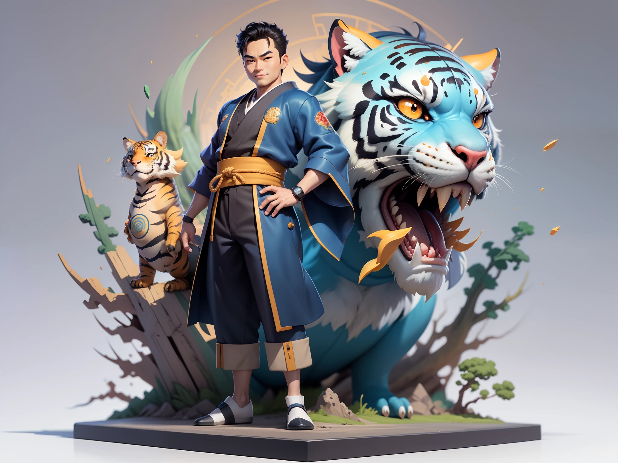 (Masterpiece), (Excellent), (Super Meticulous), (Full Body: 1.2), Super Young Man, Oriental Face, Japanese Kimono, Japanese Wind Thunder God, Dragon, Tiger, TV Anchor, Bust Portrait Illustration, Alone, Black Suit, Blue Tie, Slightly Chubby Face, Very Clean Face, No Beard, Black Super Short Hair, Black Eyes, Confident Smile, 3c Computer Sub-Products, iPad, iPhone, Digital Painting, 3D Character Design by Akira Toriyama and Mark Claireden and Pixar and Hayao Miyazaki, The illustration is a high-definition illustration in 4K resolution with very detailed facial features and cartoon-style visuals.